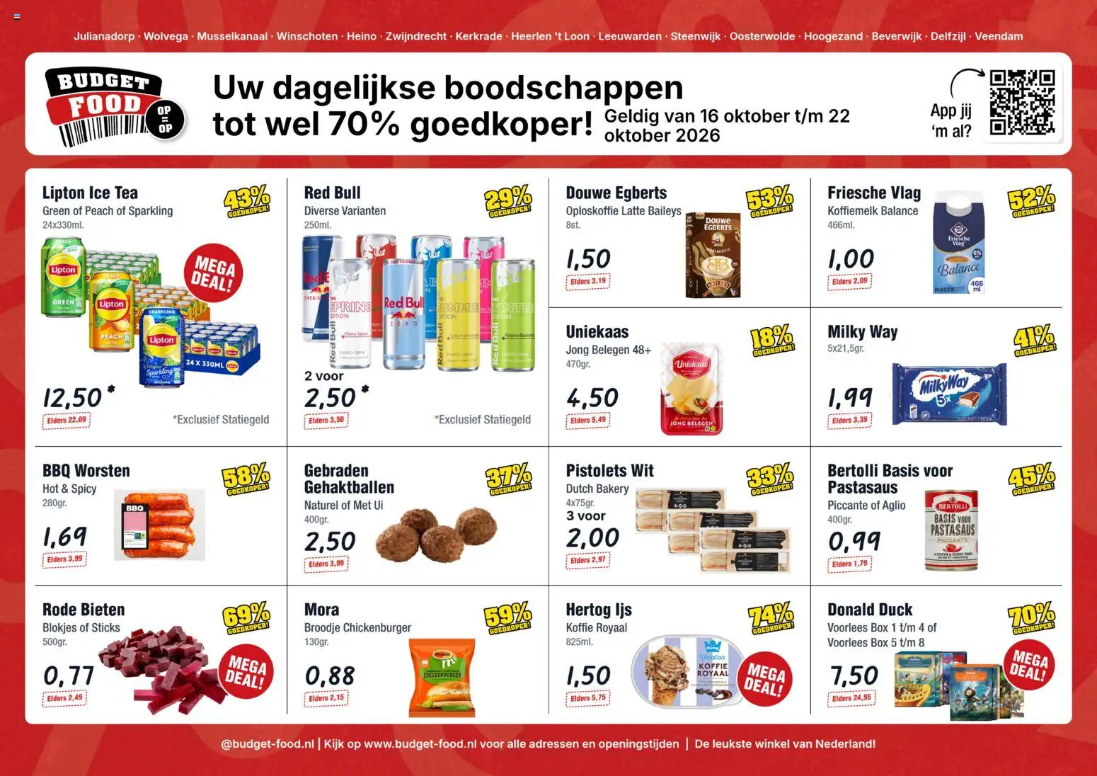 Voorbeeld van Budget Food folder van winkel Budget Food geldig vanaf 16-10-2026 - Koffie, Ijs, Red Bull, Broodje, Baileys, Box, Ui, Ice Tea
