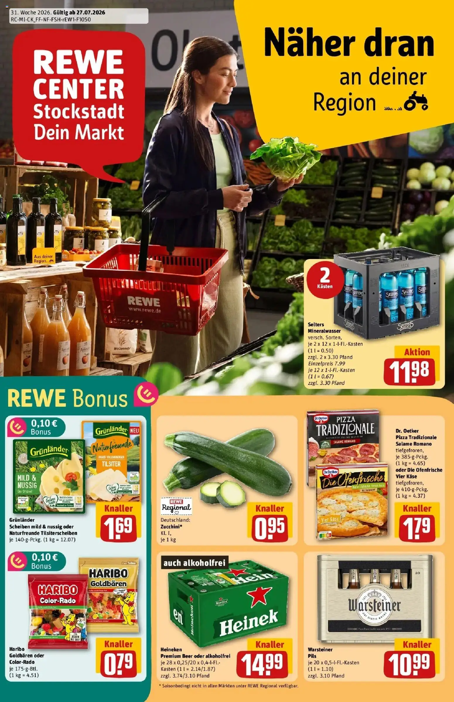 Vorschau von dem Prospekt des Geschäftes Rewe, gültig ab dem 27.07.2026 - Käse, Haribo, Mineralwasser, Warsteiner, Heineken, Pils, Ofenfrische, Grunlander