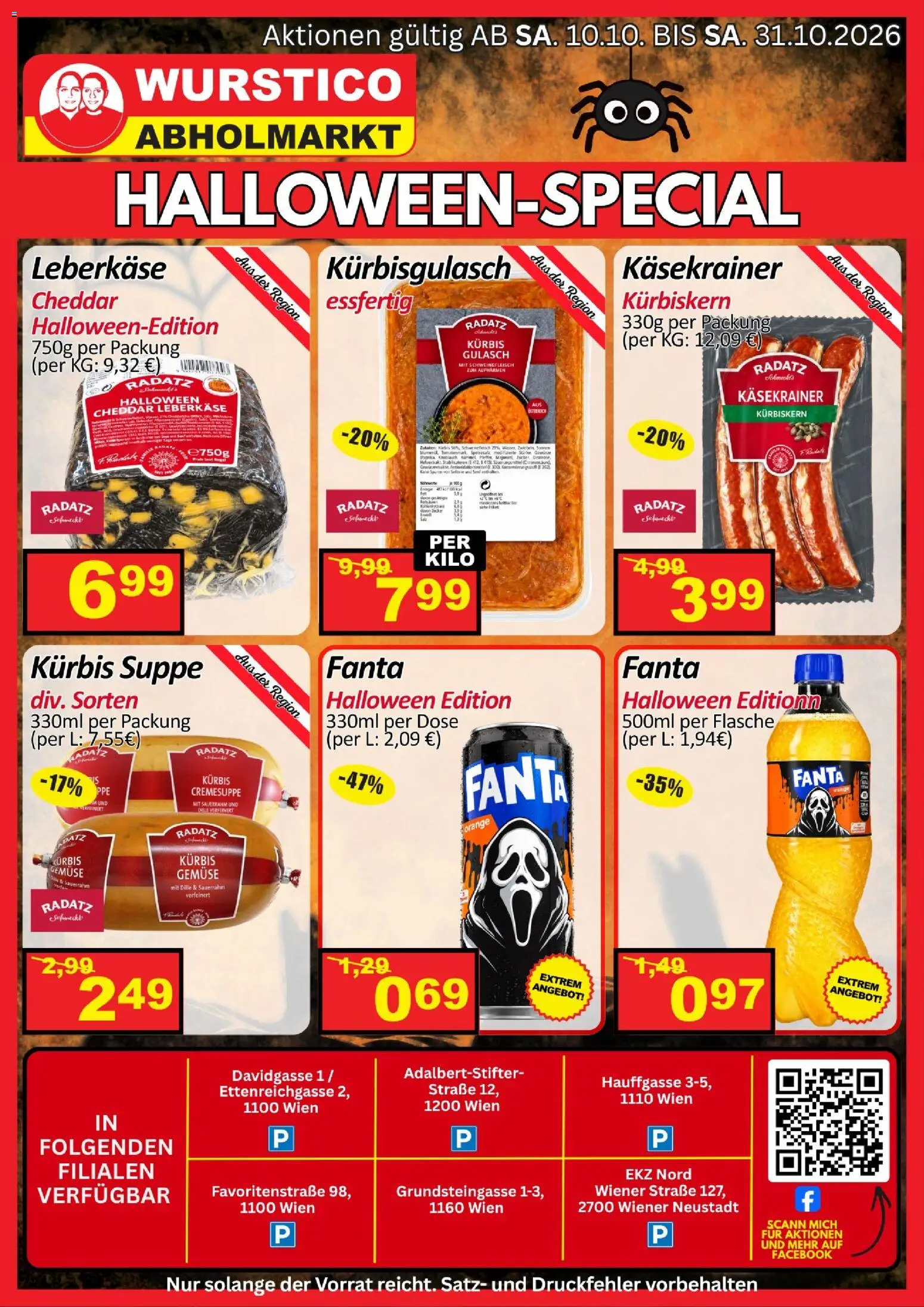 Vorschau der Angebote: Wurstico Abholmarkt Wurstico Abholmarkt HALLOWEEN-SPECIAL gültig ab 10.10.2026 - Sellerie, Gemüse, Regal, Sauerrahm, Zucker, Fanta, Schweinefleisch, Zutaten