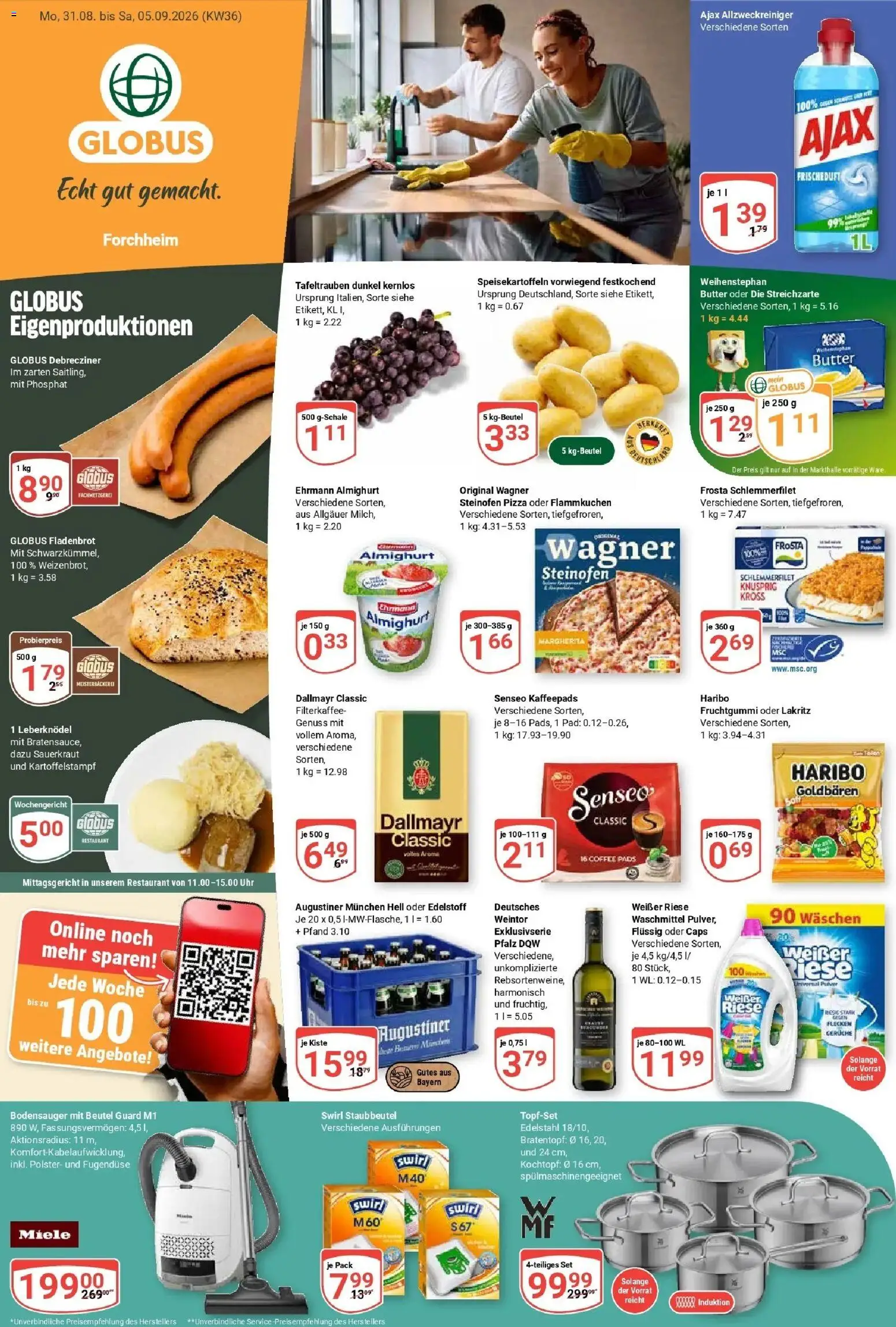 Vorschau von dem Prospekt des Geschäftes Globus, gültig ab dem 31.08.2026 - Pizza, Uhr, Haribo, Miele, Dallmayr, Kaffeepads, Senseo kaffeepads, Ehrmann almighurt