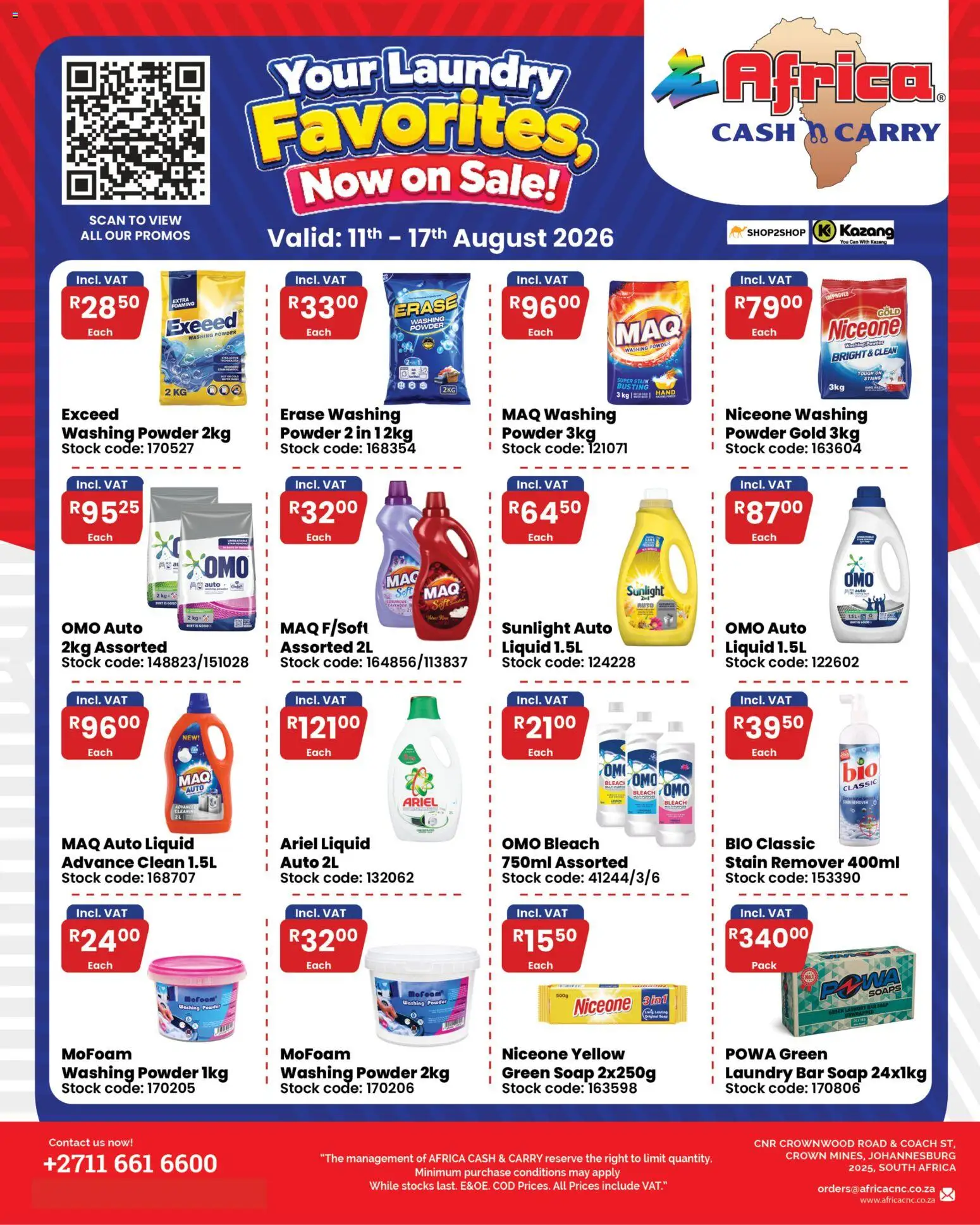 Preview of Africa Cash & Carry flyer valid from 11/08/2026 - Bleach, Soap, Stock, Washing powder, Powder, Stain remover