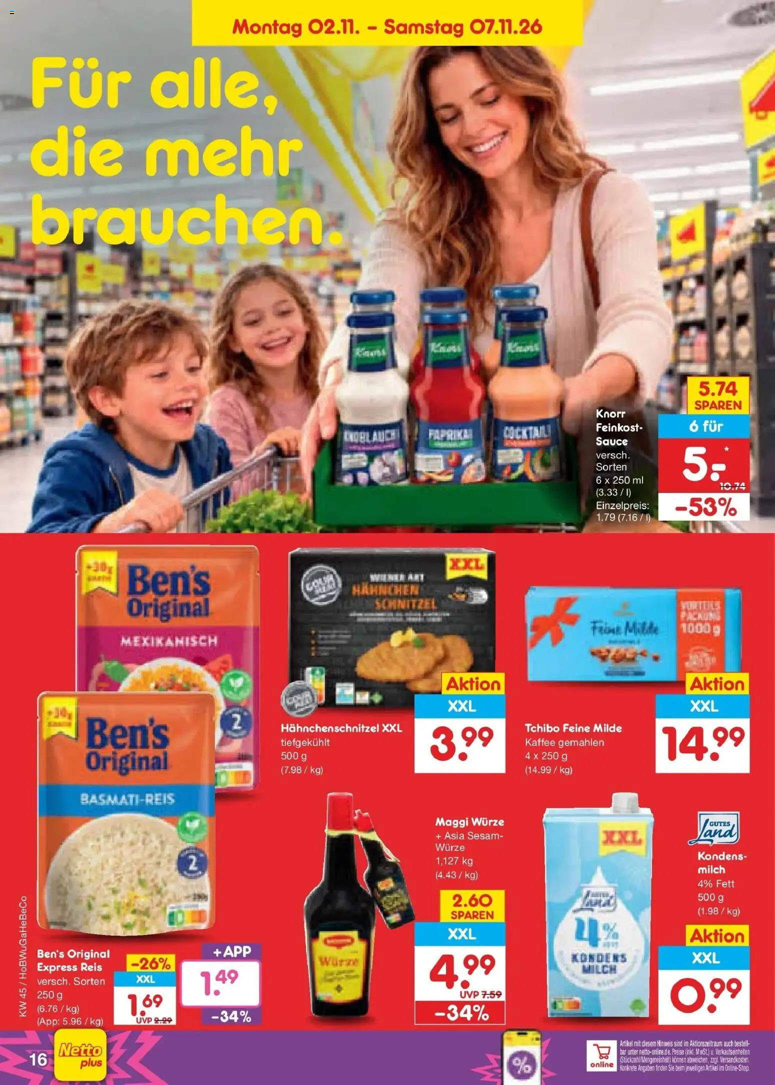 Vorschau von dem Prospekt des Geschäftes Netto Marken-Discount, gültig ab dem 02.11.2026 - Kaffee, Schnitzel, Maggi, Milch, Reis, Basmatireis, Knorr, Hahnchen