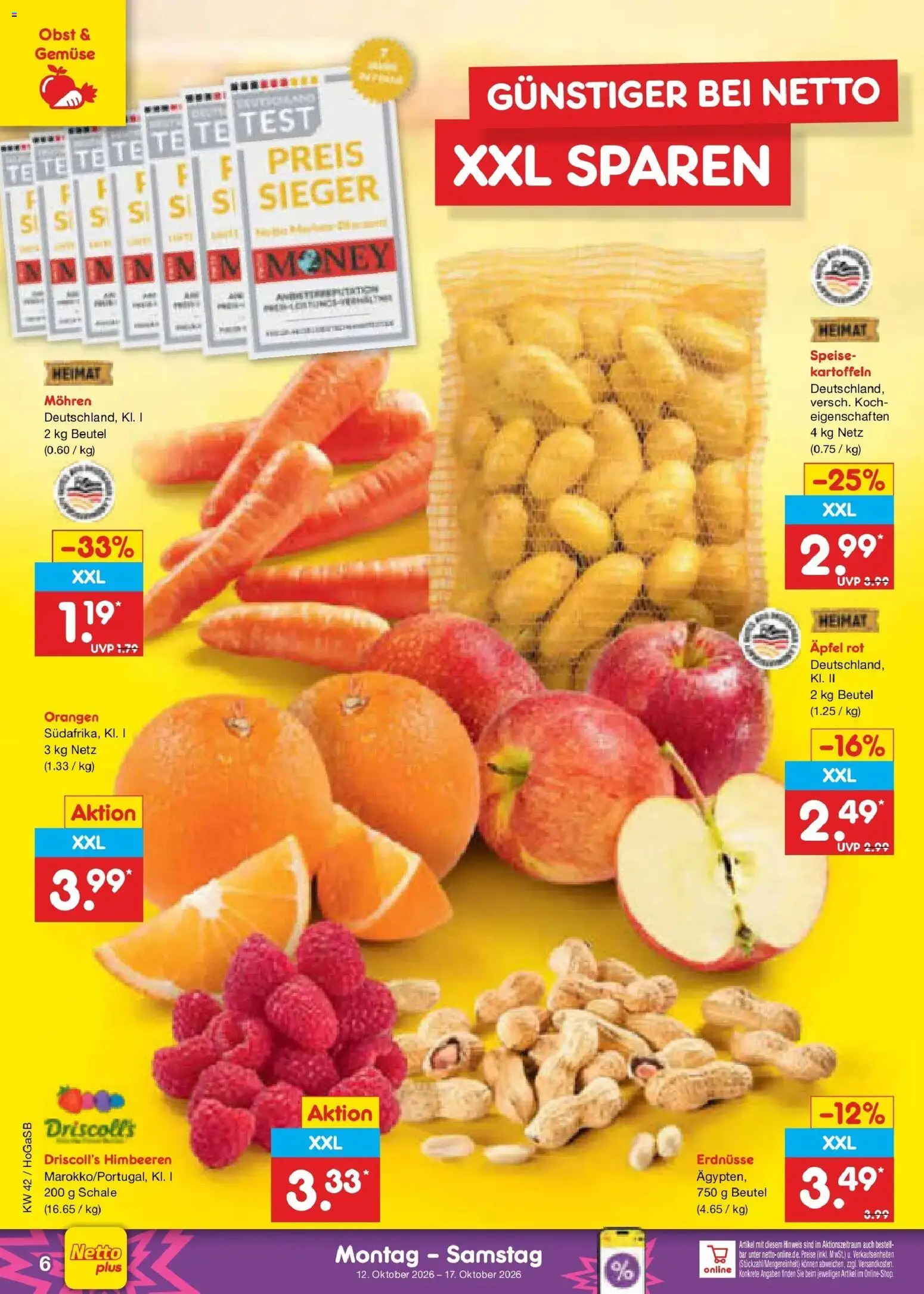 Vorschau von dem Prospekt des Geschäftes Netto Marken-Discount, gültig ab dem 12.10.2026 - Äpfel, Gemüse, Himbeeren, Obst, Erdnüsse, Kartoffeln, Orangen, Mohren