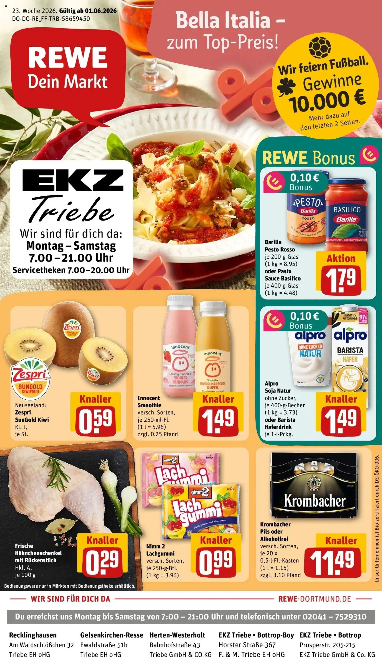 Vorschau von dem Prospekt des Geschäftes Rewe, gültig ab dem 01.06.2026 - Uhr, Pasta, Kiwi, Krombacher, Zucker, Hahnchenschenkel, Barilla, Haferdrink