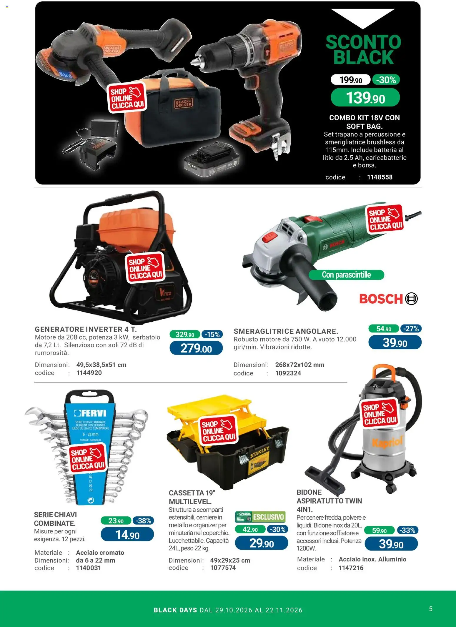 Anteprima dell'opuscolo CFadda Black Friday dal negozio CFadda valido da 29/10/2026 - Batteria, Caricabatterie, Alluminio, Smerigliatrice, Trapano, Trapano a percussione, Generatore