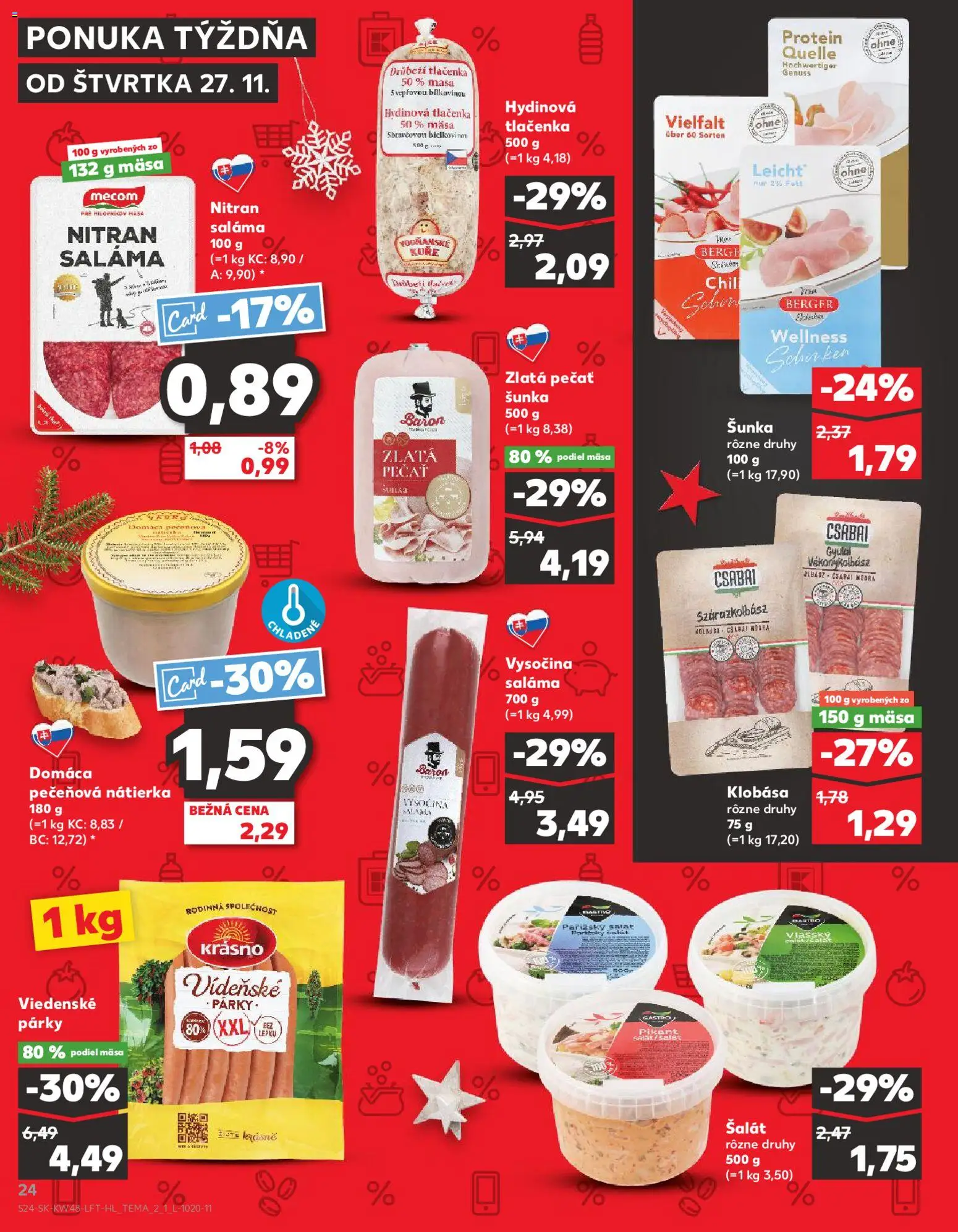 Náhľad Kaufland letáku platného od 27.11.2025 - Protein, Šalát, Klobása, Šunka, Párky, Nátierka, Tlačenka, Saláma