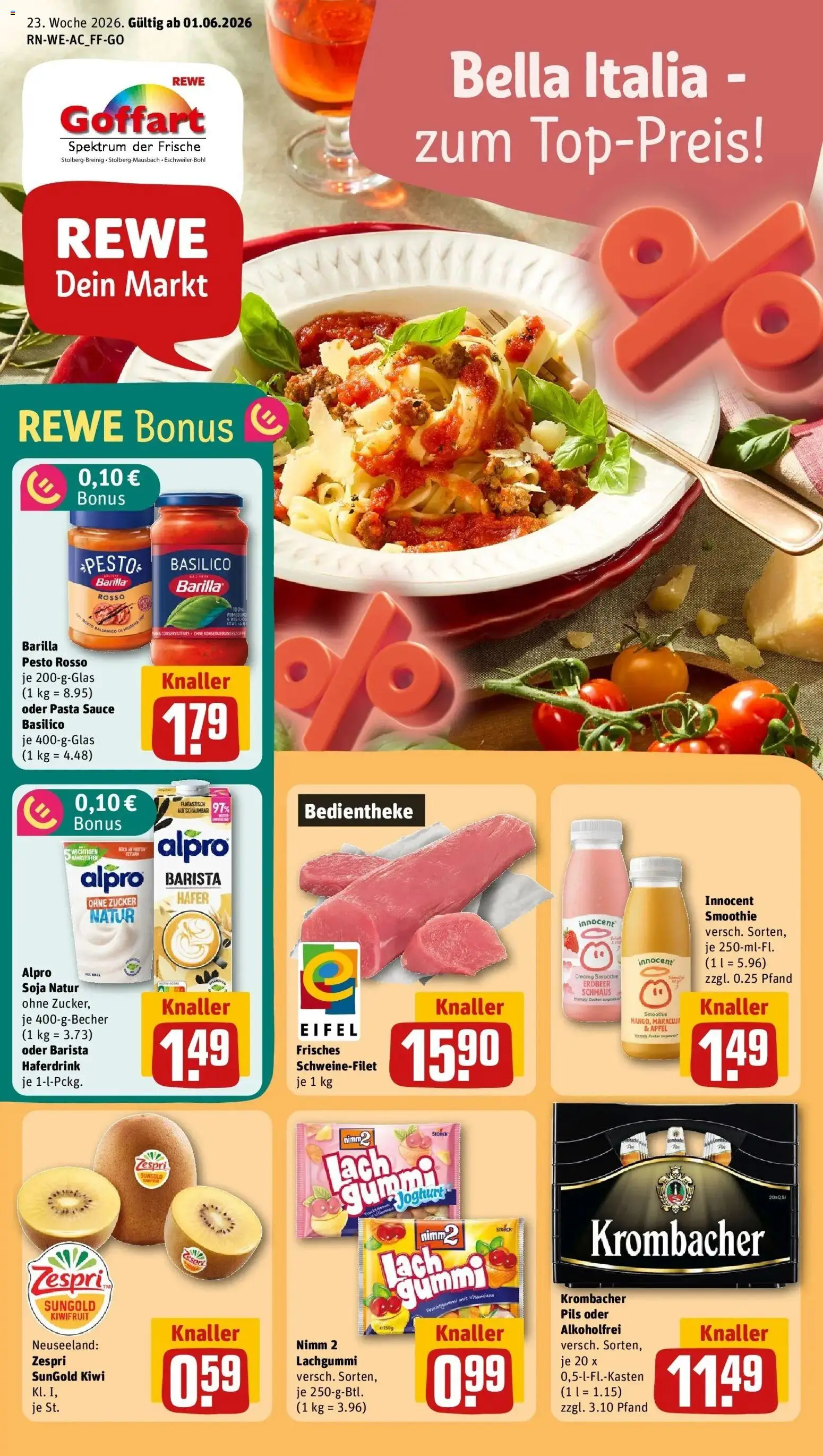 Vorschau von dem Prospekt des Geschäftes Rewe, gültig ab dem 01.06.2026 - Pasta, Äpfel, Krombacher, Schweinefilet, Barilla, Barilla pesto, Pils, Haferdrink