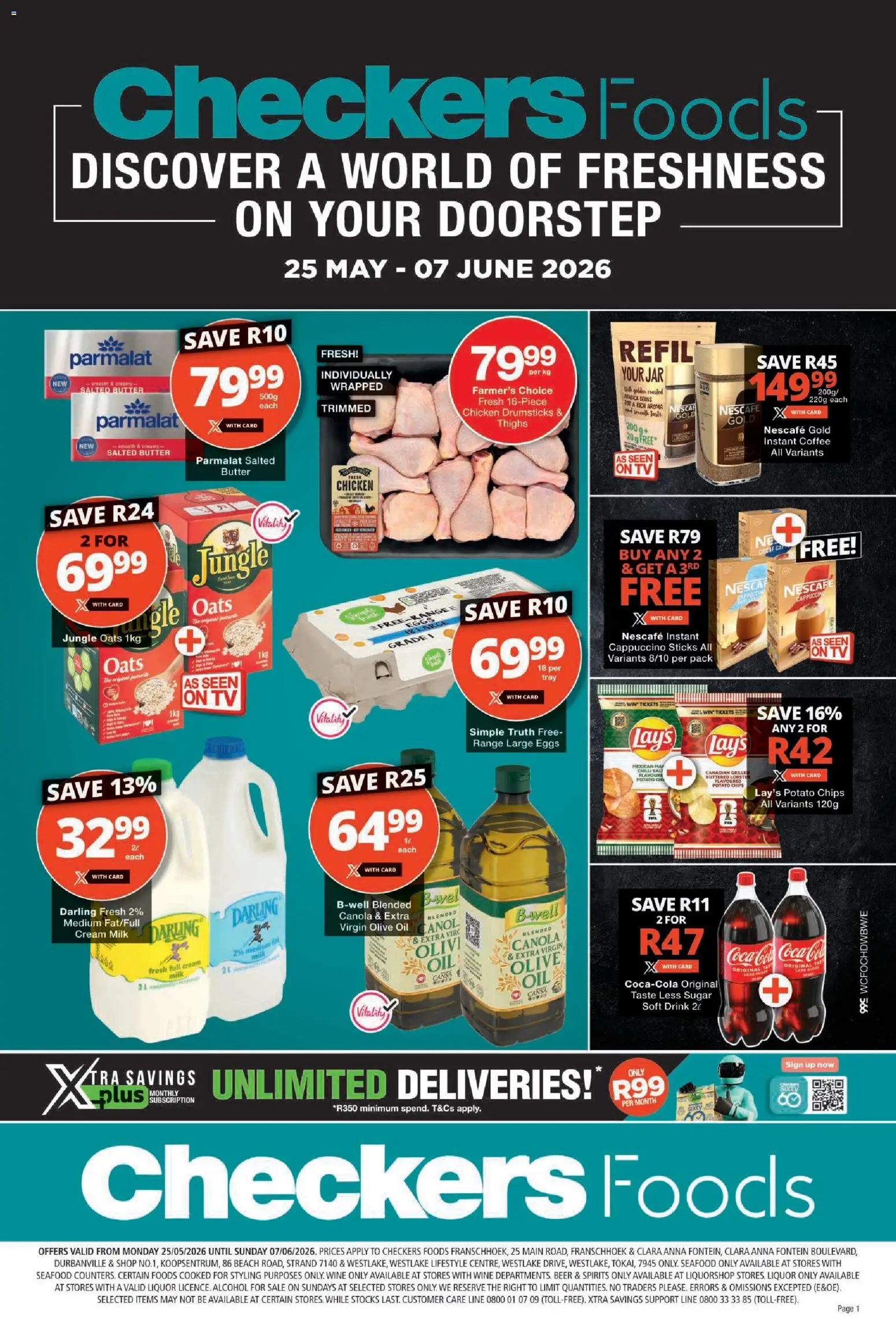 Preview of Checkers flyer valid from 25/05/2026 - Coffee, TV, Eggs, Milk, Butter, Beer, Oats, Tray