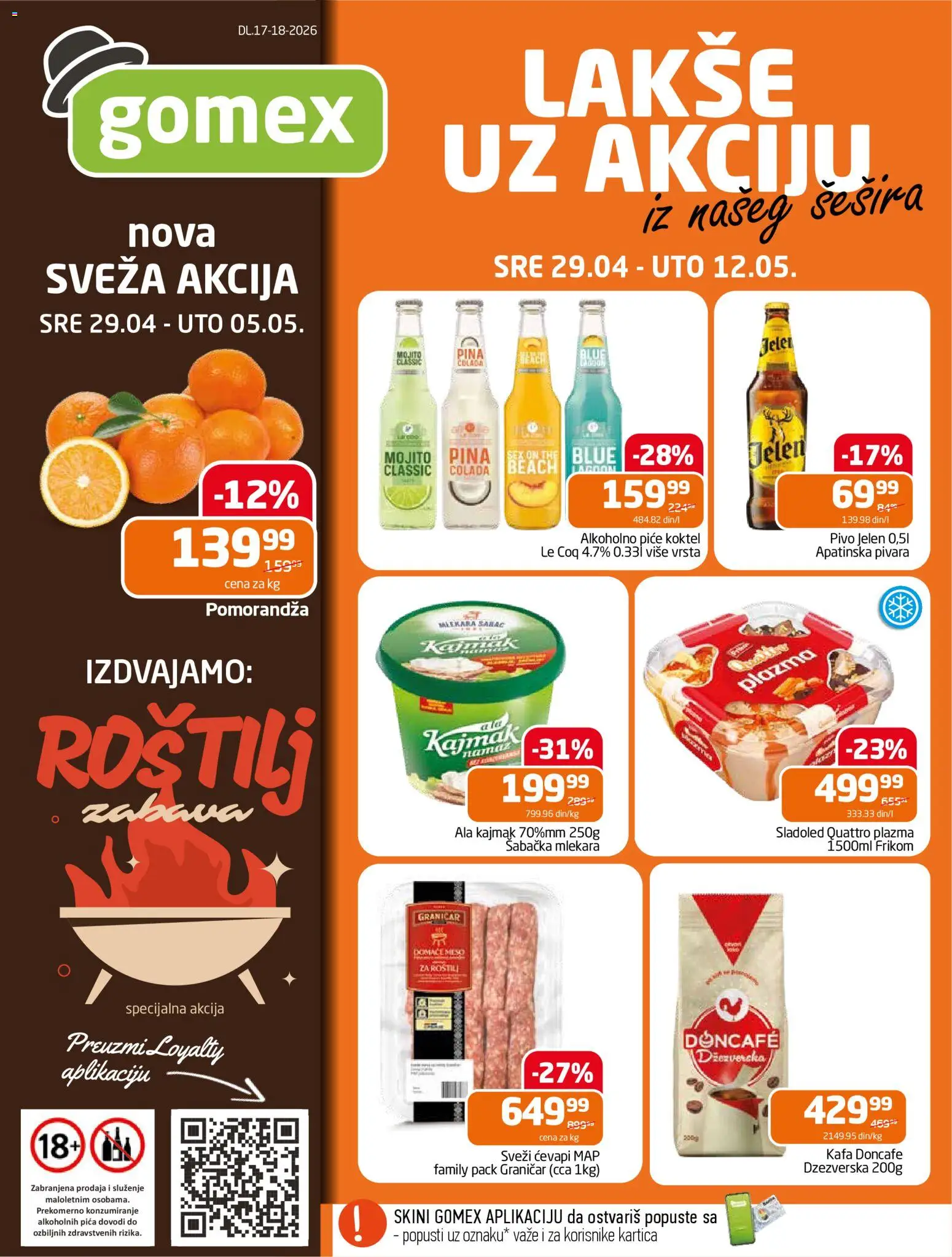 Pregled Gomex kataloga - važi od 29.04.2026 - Pica, Kafa, Pivo, Kajmak, Meso, Doncafe, Piće, Plazma