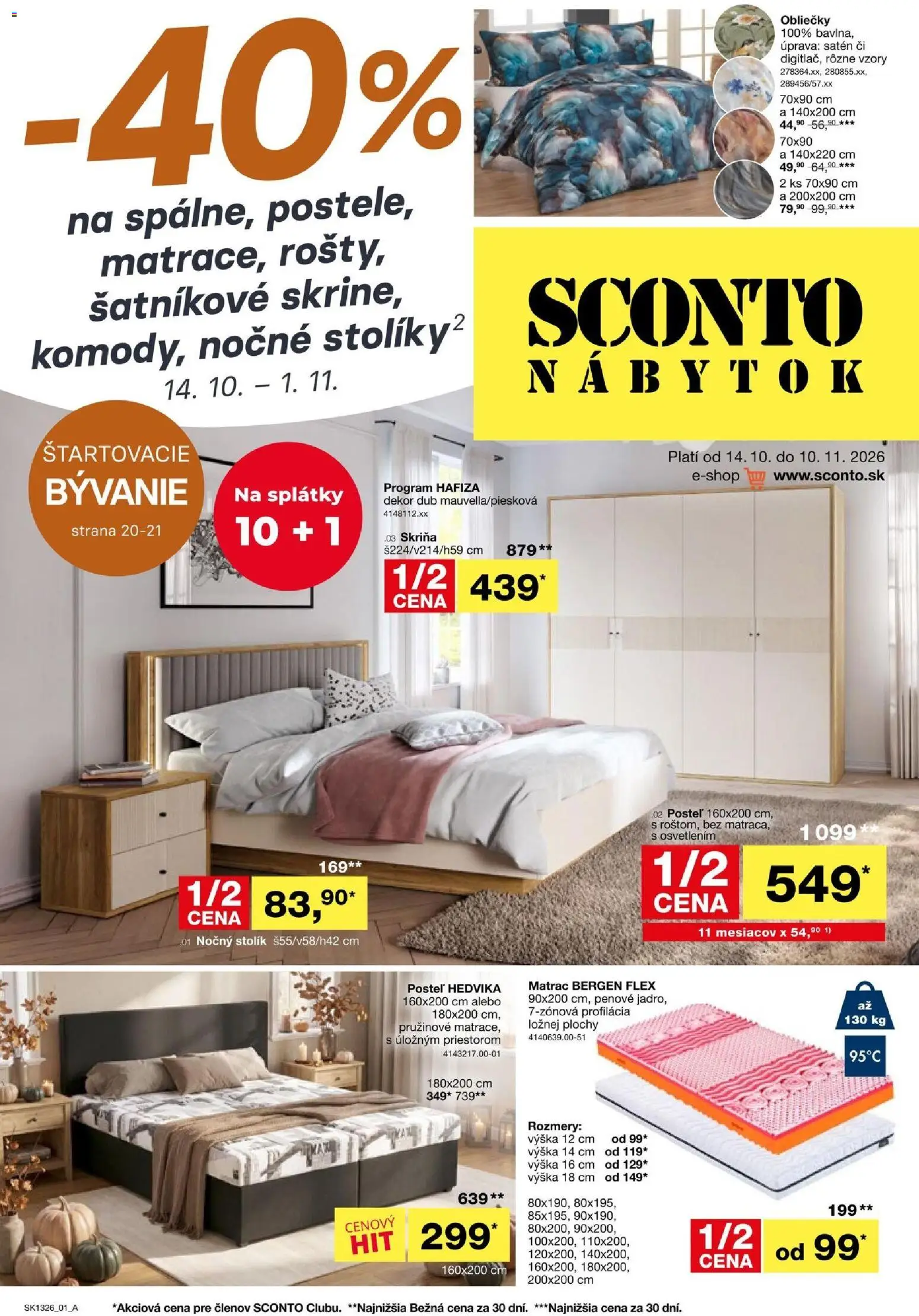 Náhľad Sconto nábytok letáku platného od 14.10.2026 - Posteľ, Nábytok, Obliečky, Nočný stolík, Matrac, Skriňa, Stolík