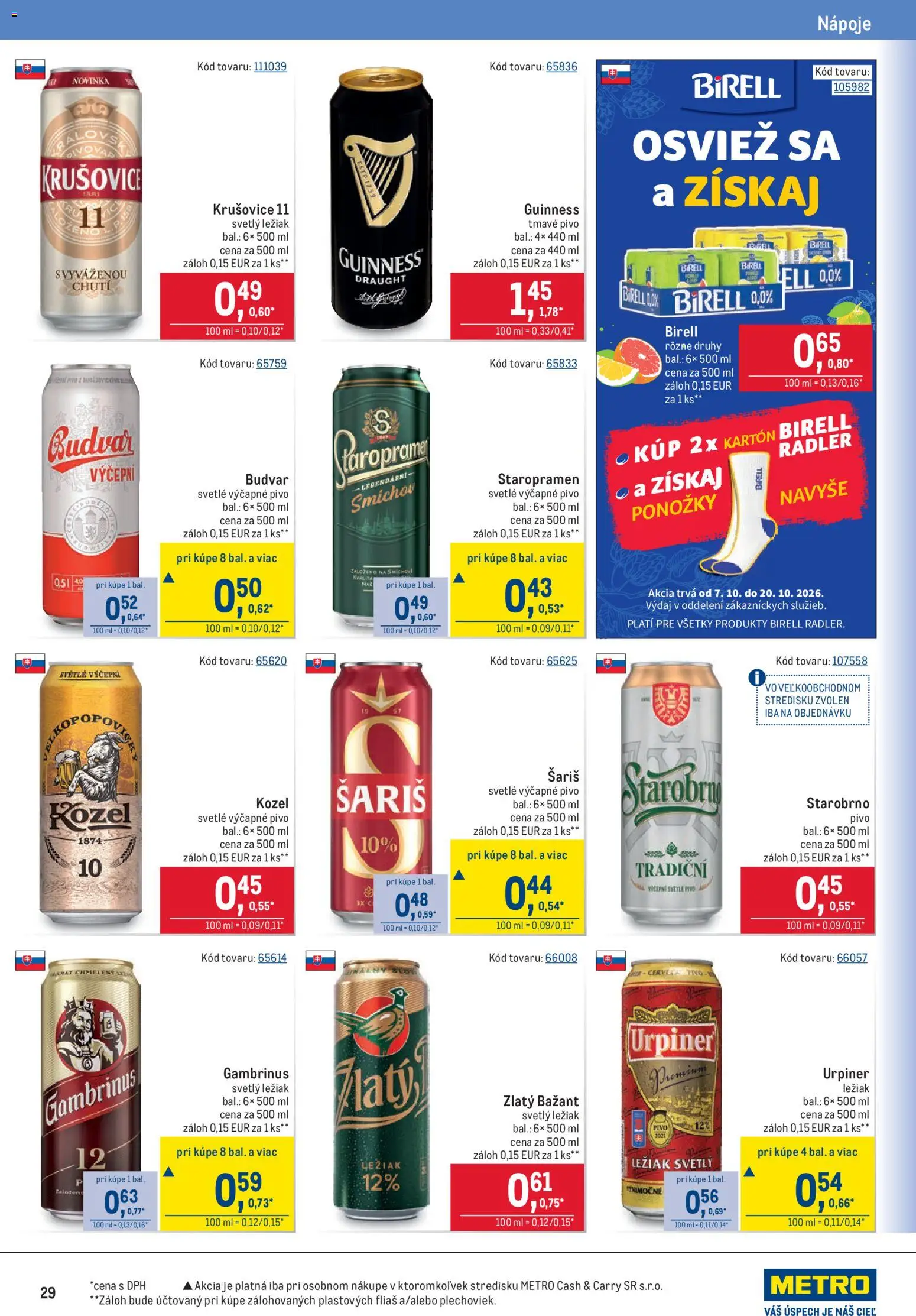 Náhľad Metro letáku platného od 07.10.2026 - Pivo, Urpiner, Krušovice, Šariš, Staropramen, Budvar, Zlatý Bažant, Nápoje