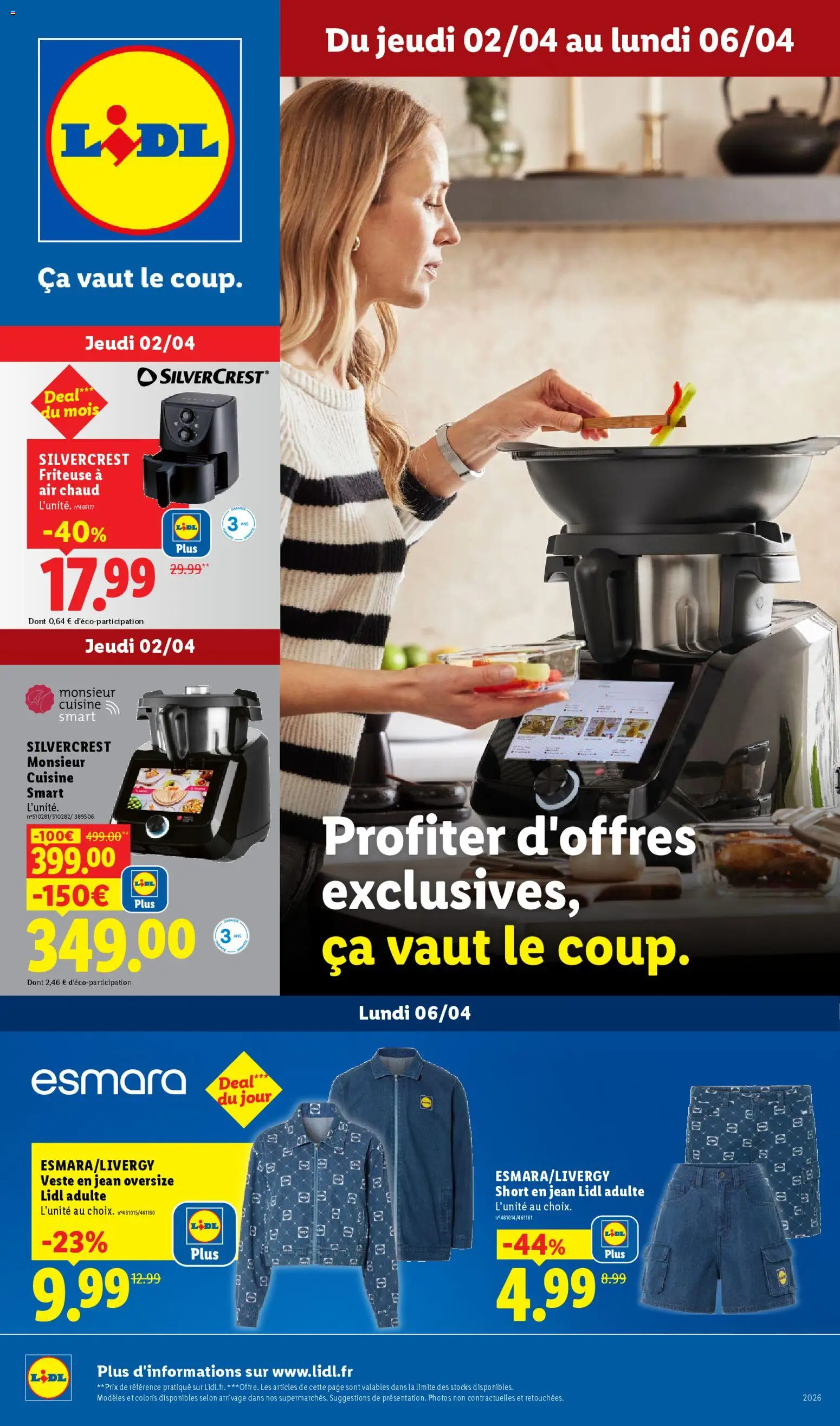 Prévisualisation de LIDL catalogue les bonnes affaires de la semaine du magasin LIDL formulaire valide 02/04/2026 - Air fryer, Veste, Short, Monsieur cuisine, Silvercrest, Short en jean, Silvercrest Monsieur Cuisine, Friteuse a air chaud silvercrest