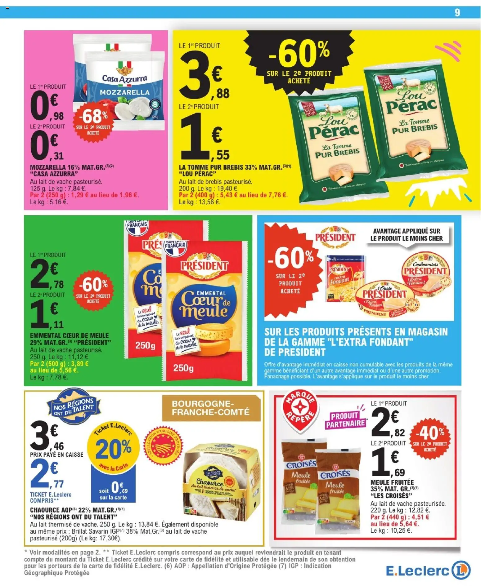 Prévisualisation de E.Leclerc catalogue du magasin E.Leclerc formulaire valide 08/09/2026 - Bourgogne, Mozzarella, Lait, Brillat Savarin, Emmental, Meule