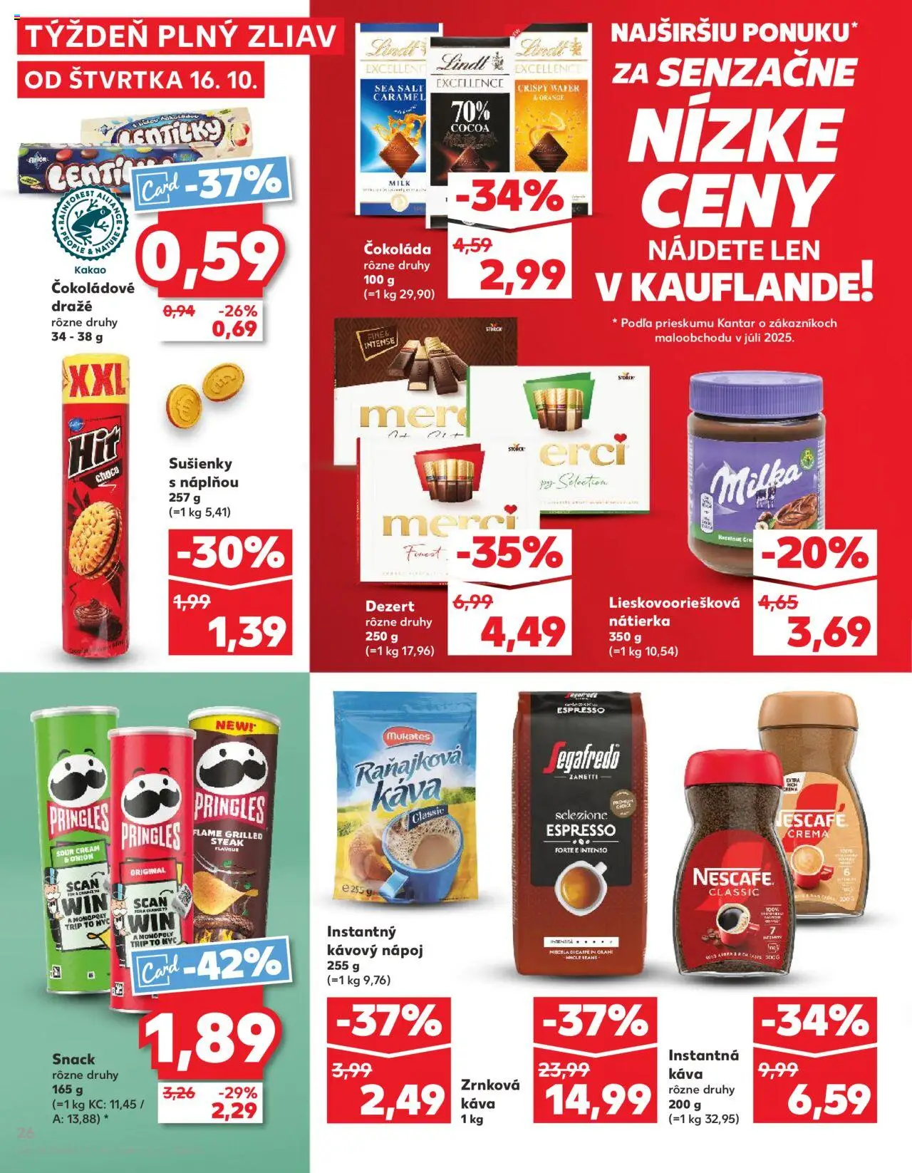 Náhľad Kaufland letáku platného od 16.10.2025 - Káva, Steak, Lindt, Pringles, Kakao, Zrnková káva, Instantná káva, Sušienky