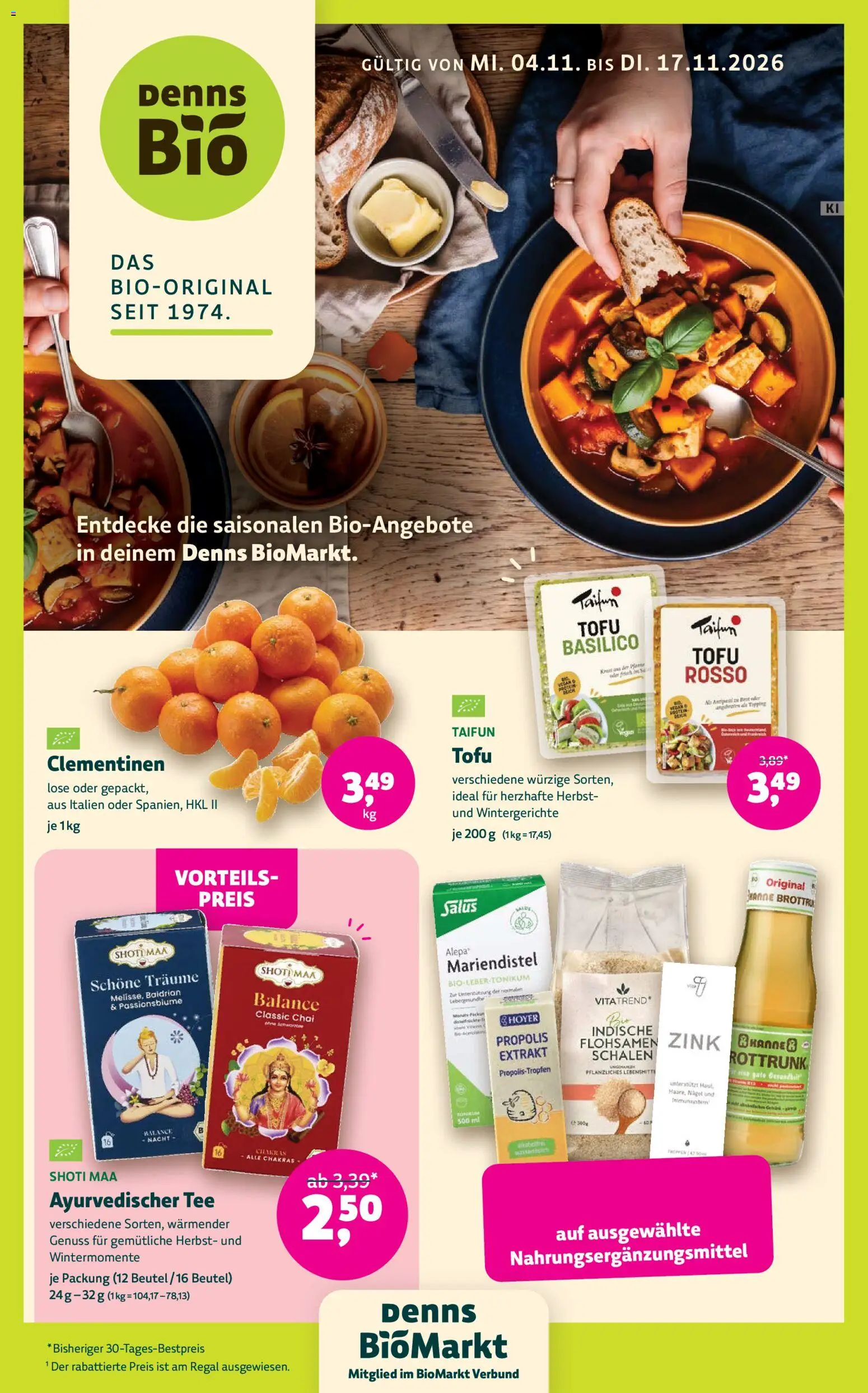 Vorschau von dem Prospekt des Geschäftes Denns BioMarkt, gültig ab dem 04.11.2026 - Tee, Regal, Brot