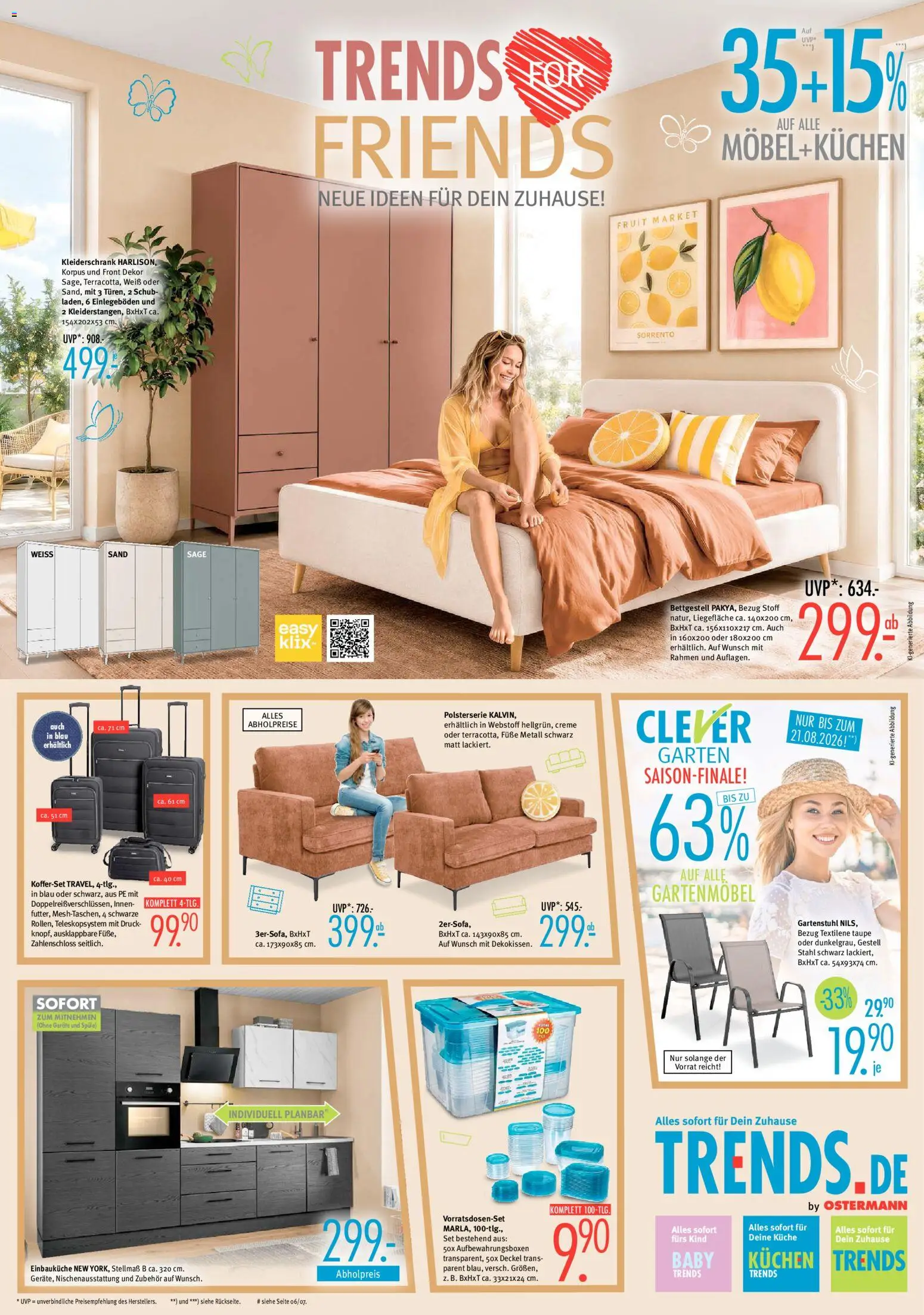 Vorschau von dem Prospekt des Geschäftes Trends, gültig ab dem 08.08.2026 - Kleiderschrank, Kuchen, Küche, Gartenmöbel, Einbauküche, Creme