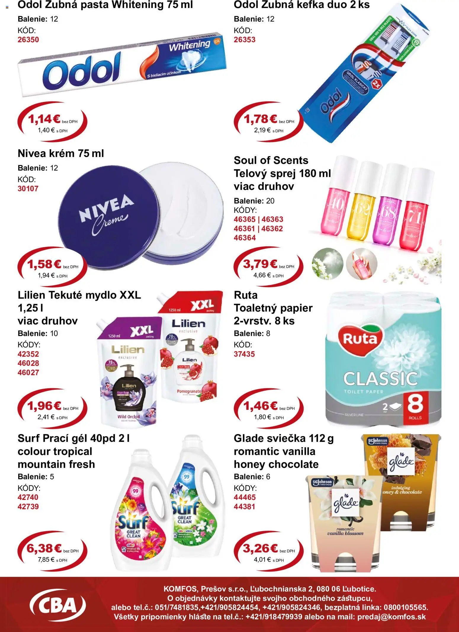 Náhľad CBA Komfos letáku platného od 18.09.2026 - Nivea, Toaletný papier, Mydlo, Zubná pasta, Krém, Zubná kefka, Prací gél