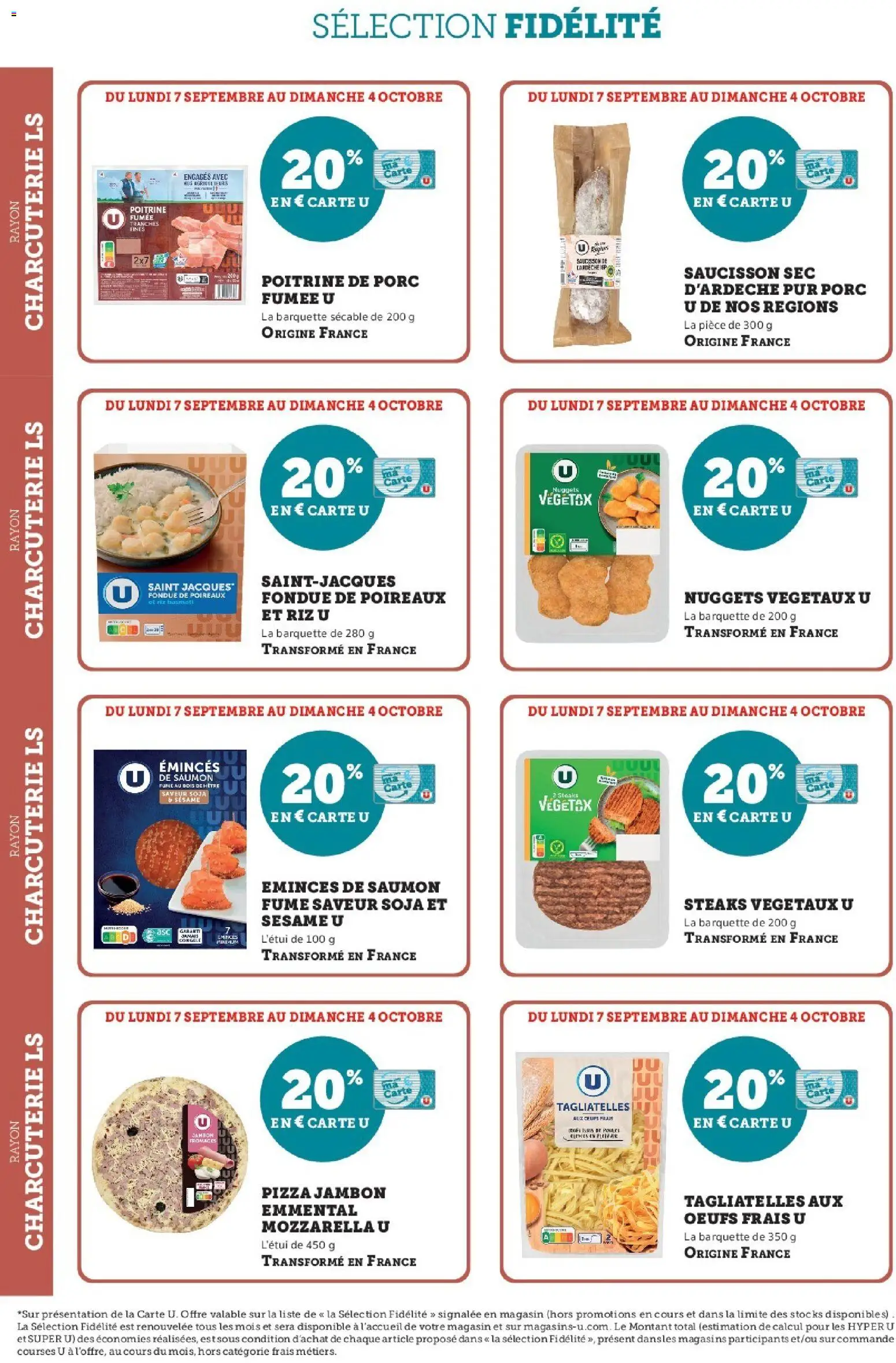 Prévisualisation de Super U - Ma sélection Carte U Septembre du magasin Super U formulaire valide 07/09/2026 - Pizza, Charcuterie, Poireaux, Saumon, Saumon fumé, Emmental, Poitrine de porc, Riz basmati