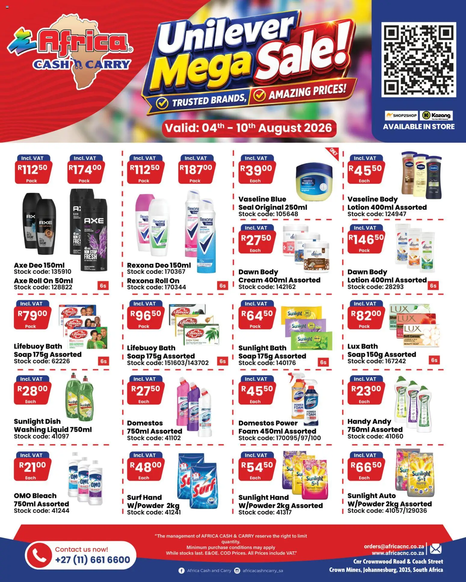 Preview of Africa Cash & Carry flyer valid from 04/08/2026 - Water, Bleach, Oil, Cream, Soap, Bath, Stock, Lotion