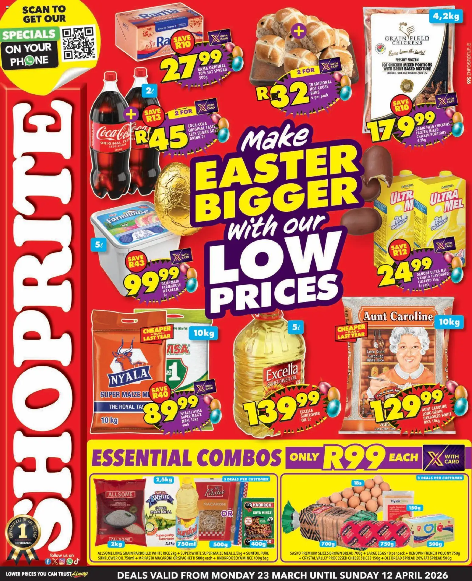 Preview of Shoprite flyer valid from 23/03/2026 - Phone, Chicken, Bag, Rice, Polony, Vanilla, Soya mince, Coca-Cola