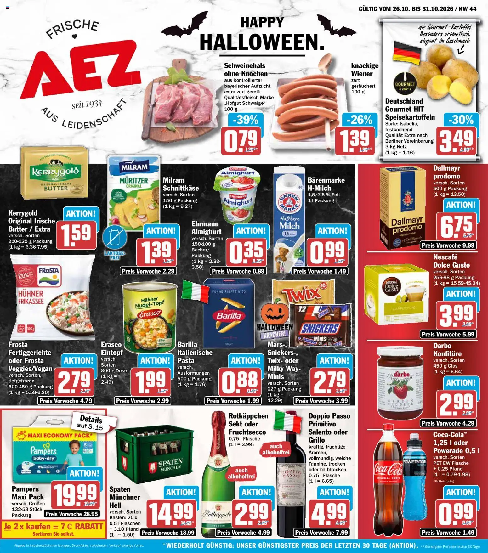 Vorschau von dem Prospekt des Geschäftes AEZ, gültig ab dem 26.10.2026 - Milch, Pampers, Dallmayr, Dolce gusto, Snickers, Barilla, Sekt, Erasco