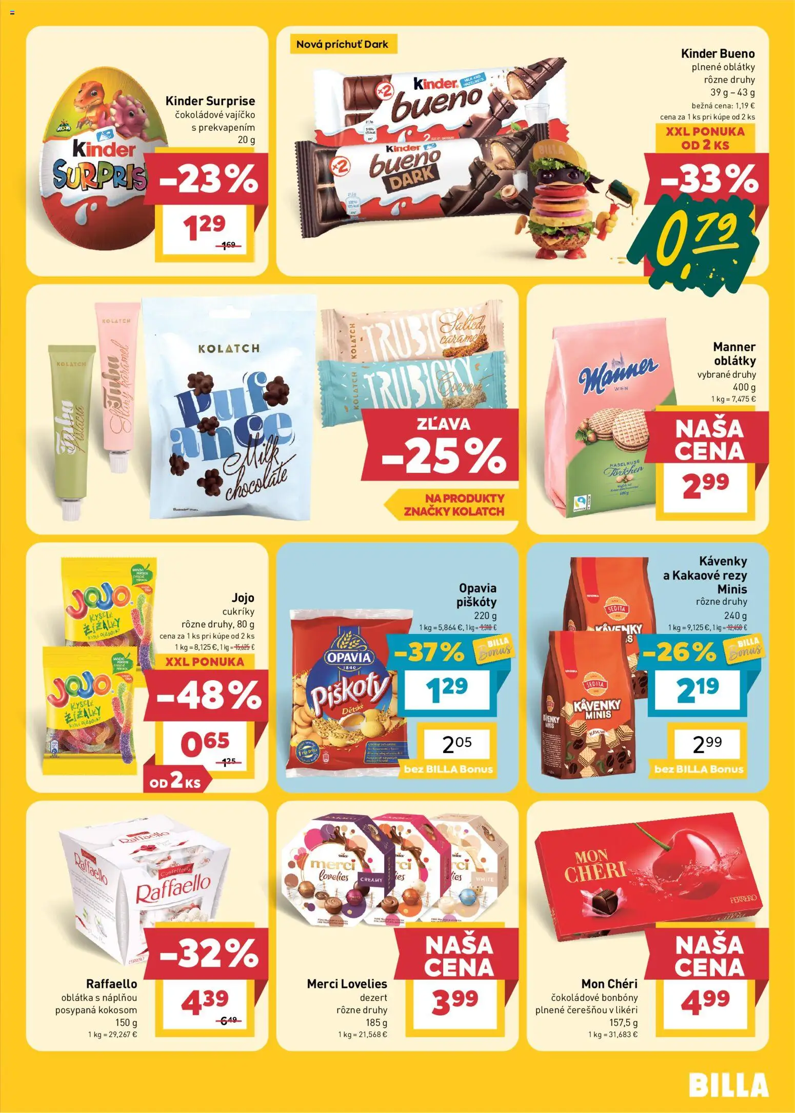 Náhľad Billa letáku platného od 28.10.2026 - Kinder, Raffaello, Merci, Trubičky, Cukríky, Piškóty, Čokoládové vajíčko, Kinder Surprise