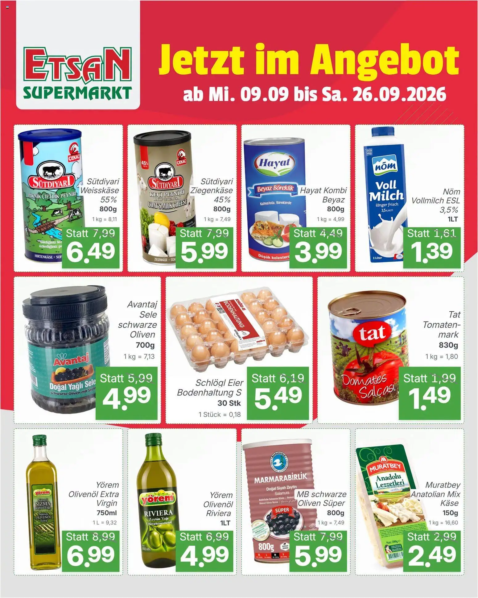 Vorschau der Angebote: ETSAN ETSAN Flugblatt gültig ab 09.09.2026 - Milch, Käse, Eier, Tomaten, Oliven, Ziegenkäse, Vollmilch, Weißkäse