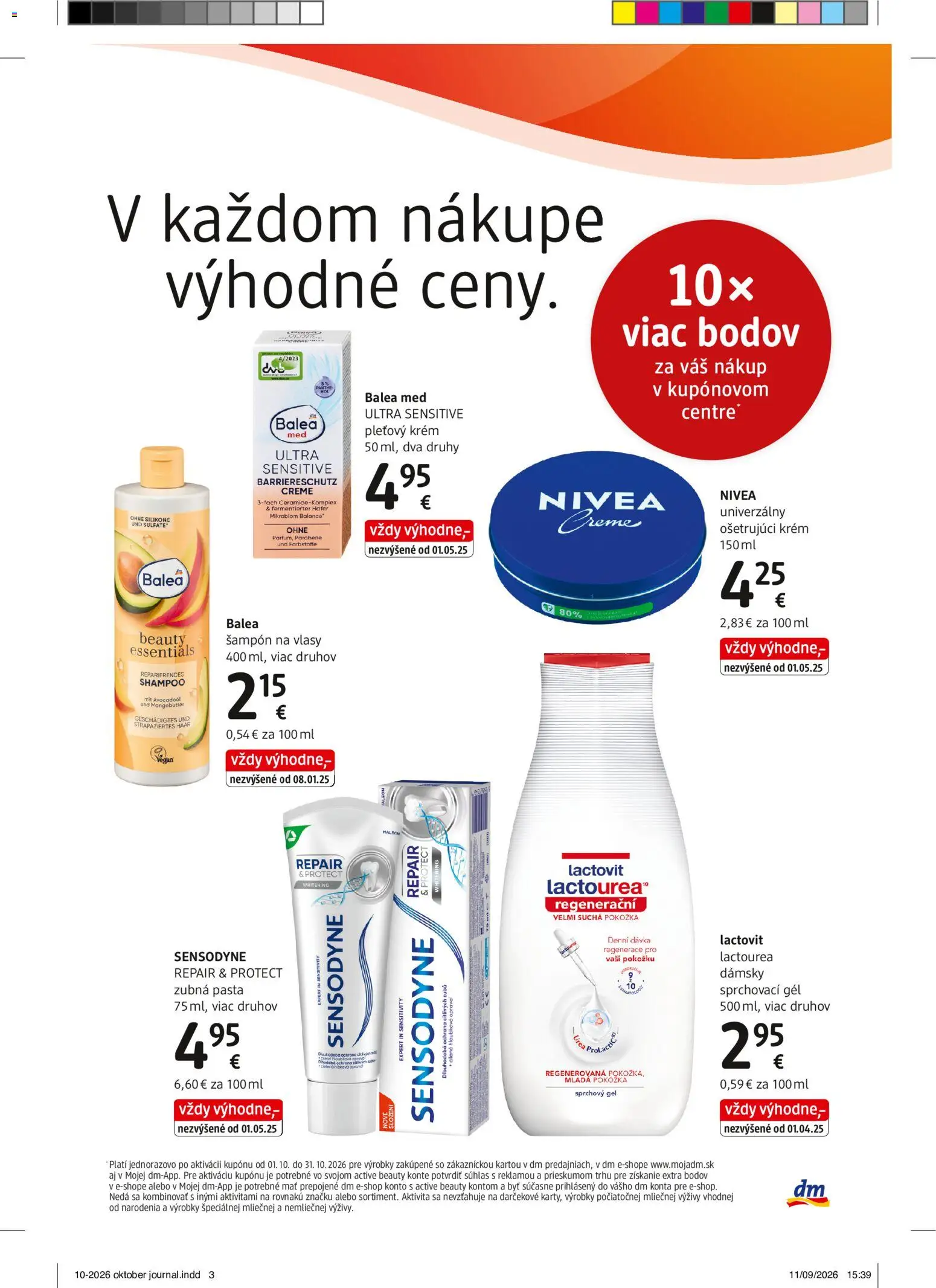 Náhľad dm drogerie letáku platného od 01.10.2026 - Med, Nivea, Šampón, Lactovit, Zubná pasta, Krém, Sprchový gél