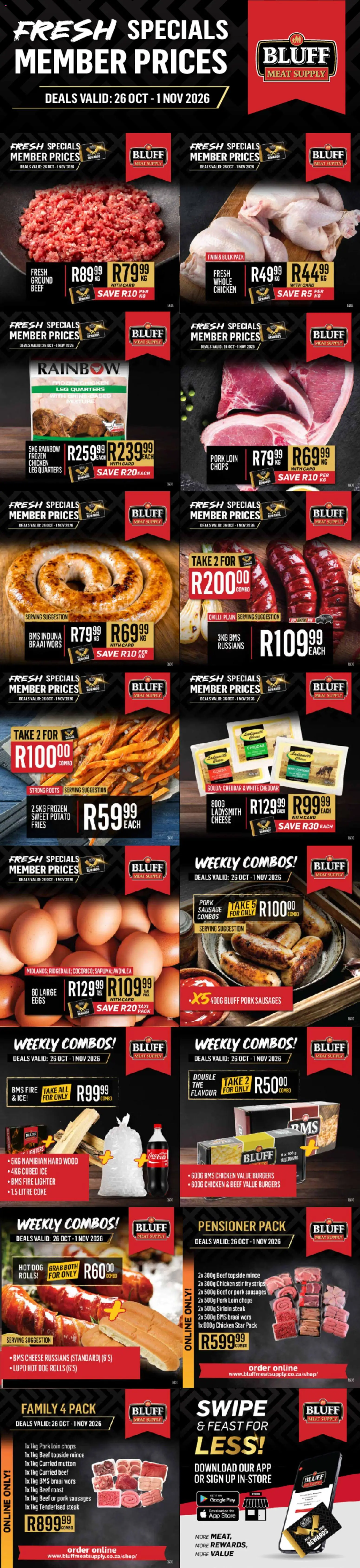 Preview of Bluff Meat Supply flyer valid from 26/10/2026 - Chicken, Eggs, Coke, Cheese, Beef, Beef roast, Cheddar, Frozen chicken