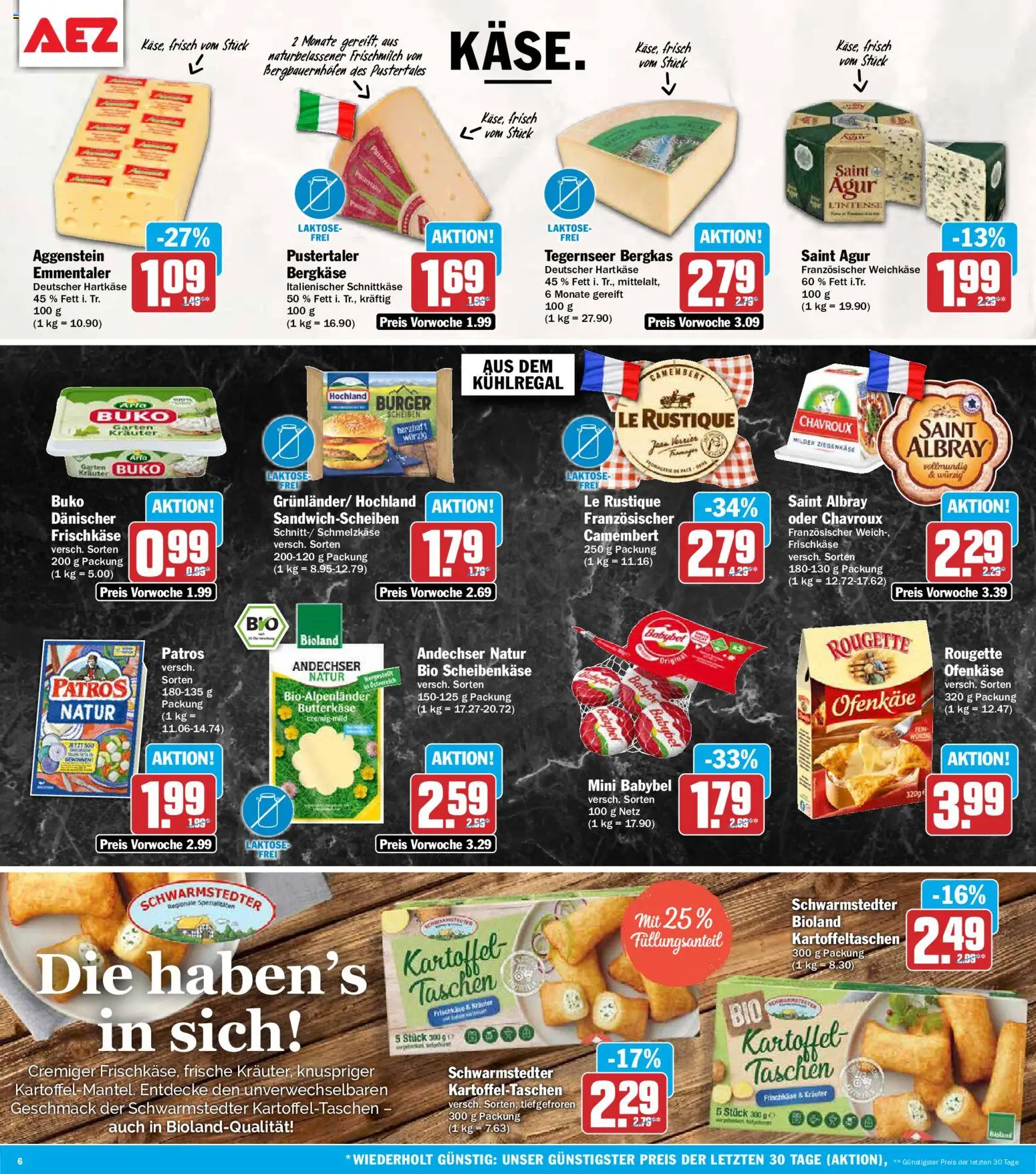 Vorschau von dem Prospekt des Geschäftes AEZ, gültig ab dem 05.10.2026 - Burger, Taschen, Camembert, Ziegenkäse, Babybel, Spezialitäten, Patros, Frischkase