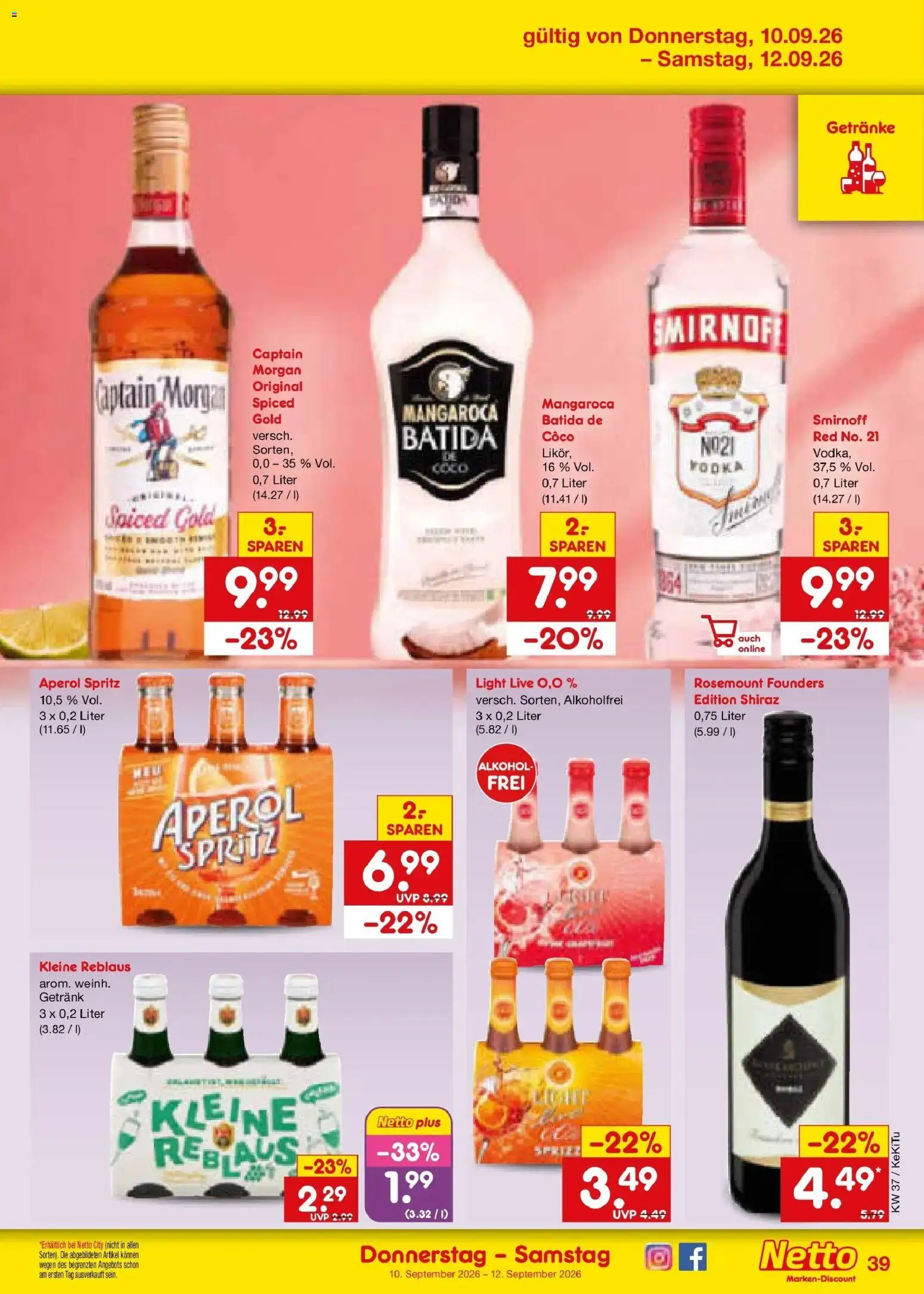 Vorschau von dem Prospekt des Geschäftes Netto Marken-Discount, gültig ab dem 07.09.2026 - Aperol, Alkohol, Vodka, Captain morgan, Smirnoff