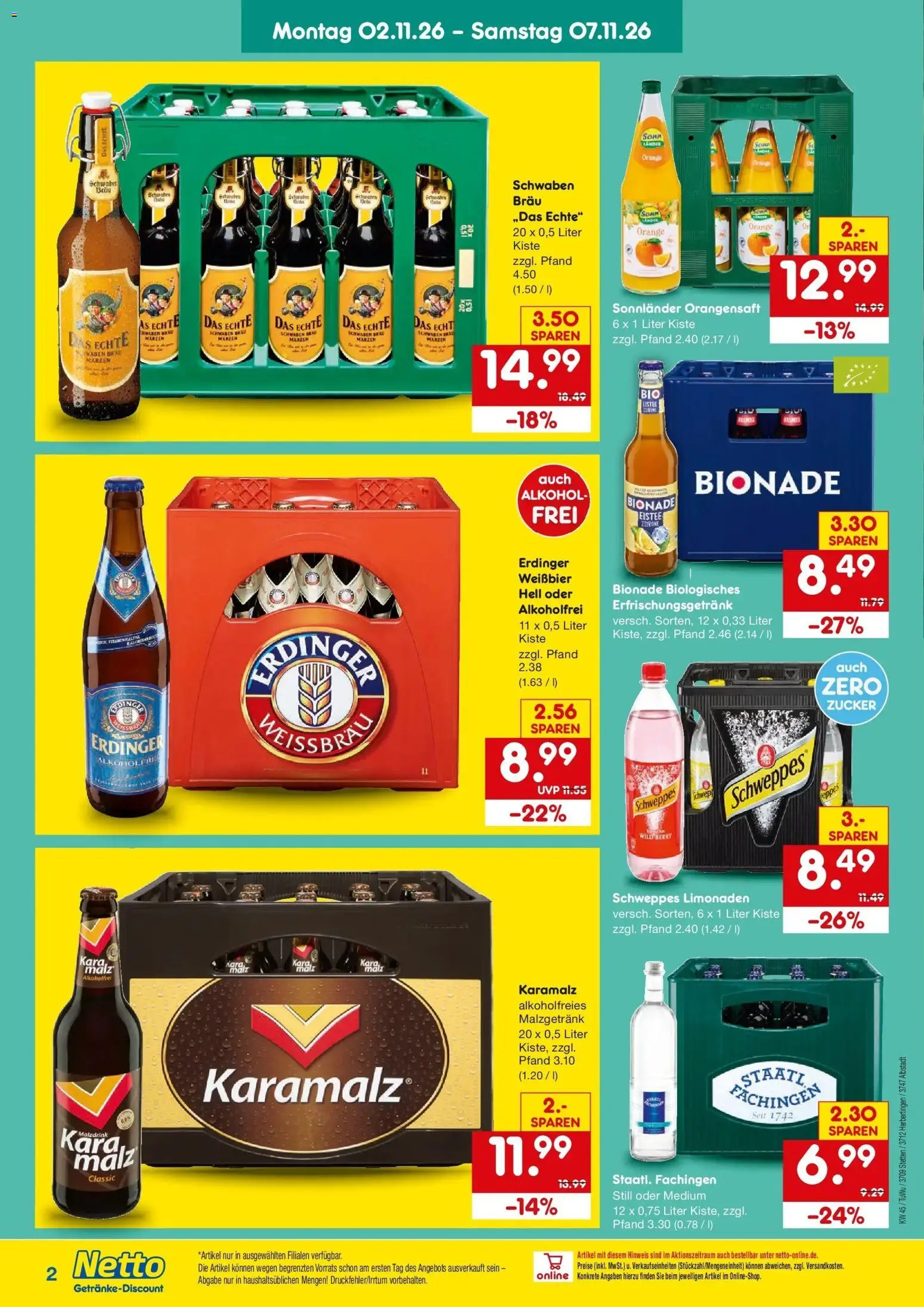 Vorschau von dem Prospekt des Geschäftes Netto Marken-Discount, gültig ab dem 02.11.2026 - Alkohol, Zucker, Schweppes, Bionade, Orangensaft, Erdinger, Weißbier