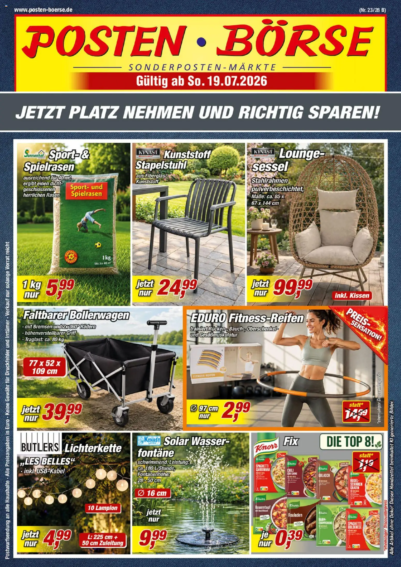 Vorschau von dem Prospekt des Geschäftes Posten Börse, gültig ab dem 19.07.2026 - Wasser, Sessel, Gulasch, Top, Hackfleisch, Kissen, Chili, Knorr