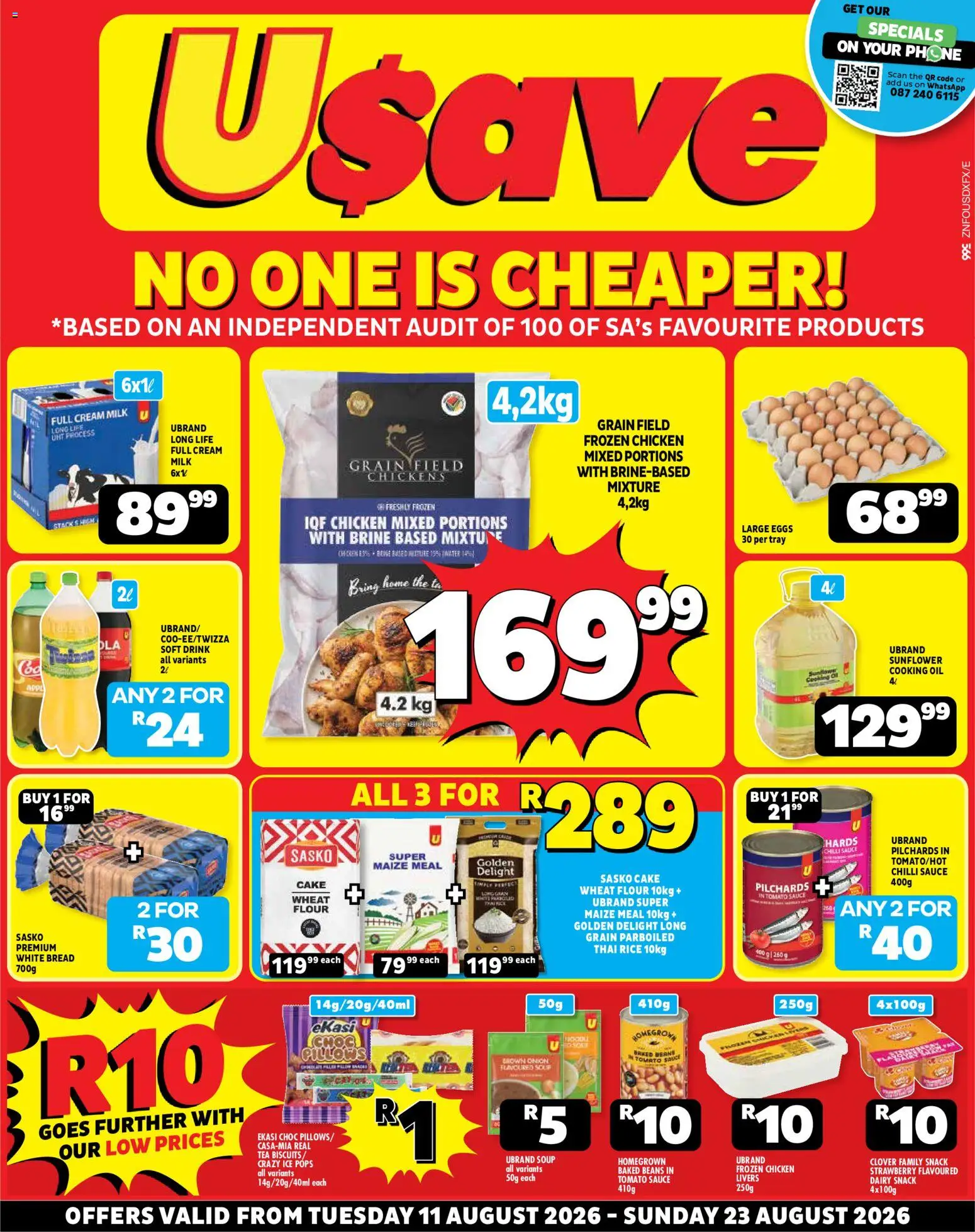Preview of Usave flyer valid from 11/08/2026 - Water, Cake, Eggs, Oil, Rice, Flour, Maize meal, Onion