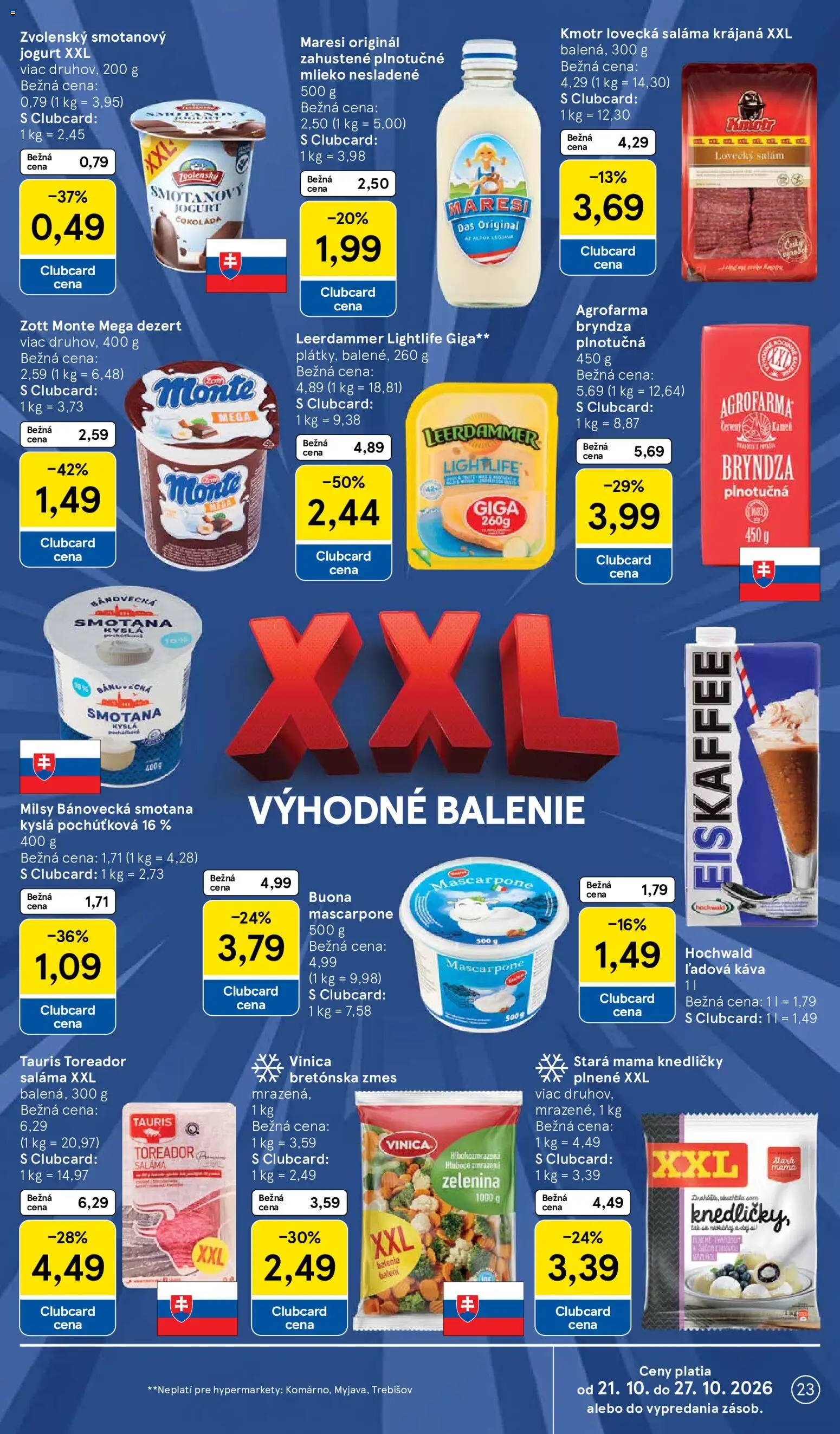 Náhľad Tesco letáku platného od 21.10.2026 - Čokoláda, Mascarpone, Bryndza, Mlieko, Smotana, Saláma, Ľadová káva, Smotanový jogurt