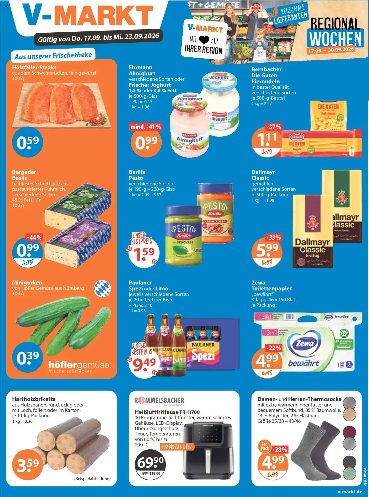 Vorschau von dem Prospekt des Geschäftes V-Markt, gültig ab dem 17.09.2026 - Heißluftfritteuse, Kuchen, Joghurt, Gemüse, Toilettenpapier, Dallmayr, Barilla, Zewa