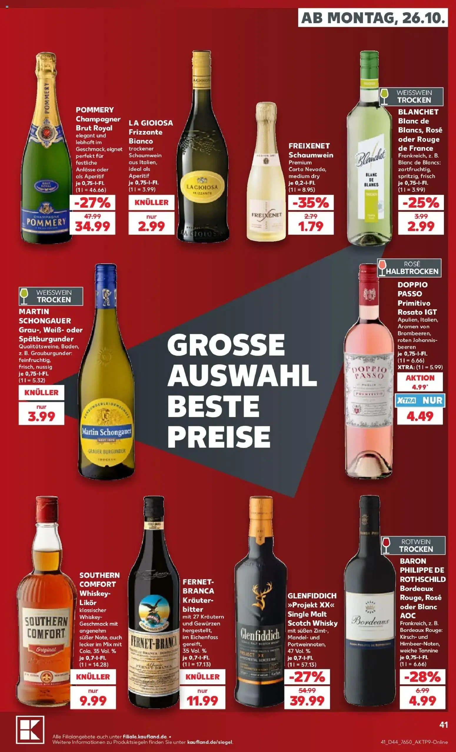 Vorschau von dem Prospekt des Geschäftes Kaufland, gültig ab dem 26.10.2026 - Whisky, Whiskey, Weißwein, Freixenet, Rouge, Fernet, Weißwein trocken, Rotwein trocken