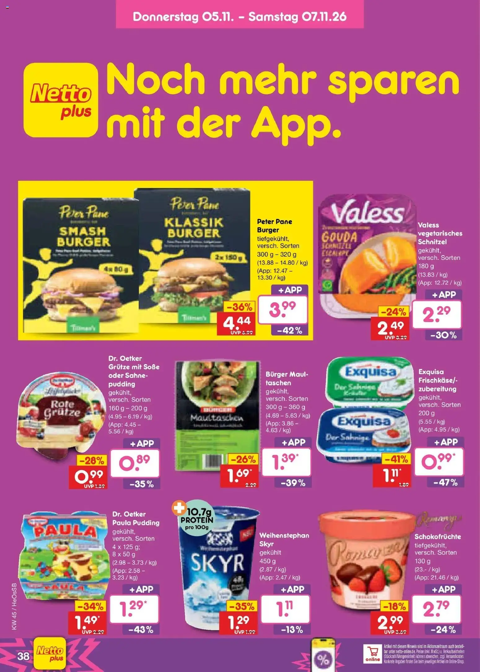 Vorschau von dem Prospekt des Geschäftes Netto Marken-Discount, gültig ab dem 02.11.2026 - Burger, Schnitzel, Taschen, Sahne, Pudding, Gouda, Soße, Pane