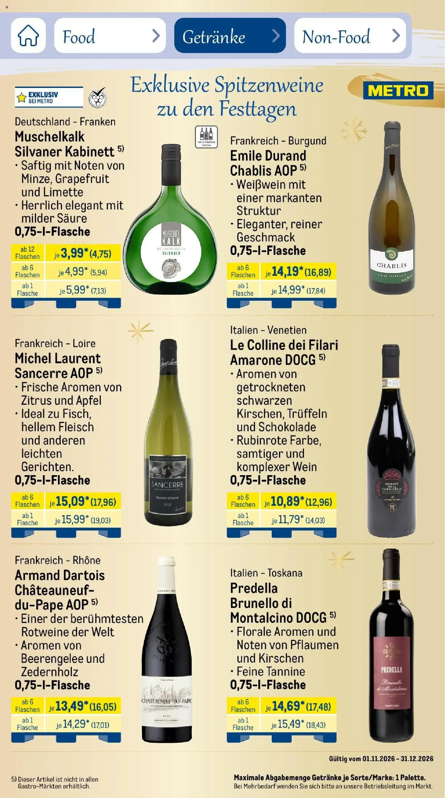 Vorschau von dem Prospekt des Geschäftes Metro, gültig ab dem 01.11.2026 - Schokolade, Äpfel, Wein, Grapefruit, Fleisch, Kirschen, Weißwein, Limette