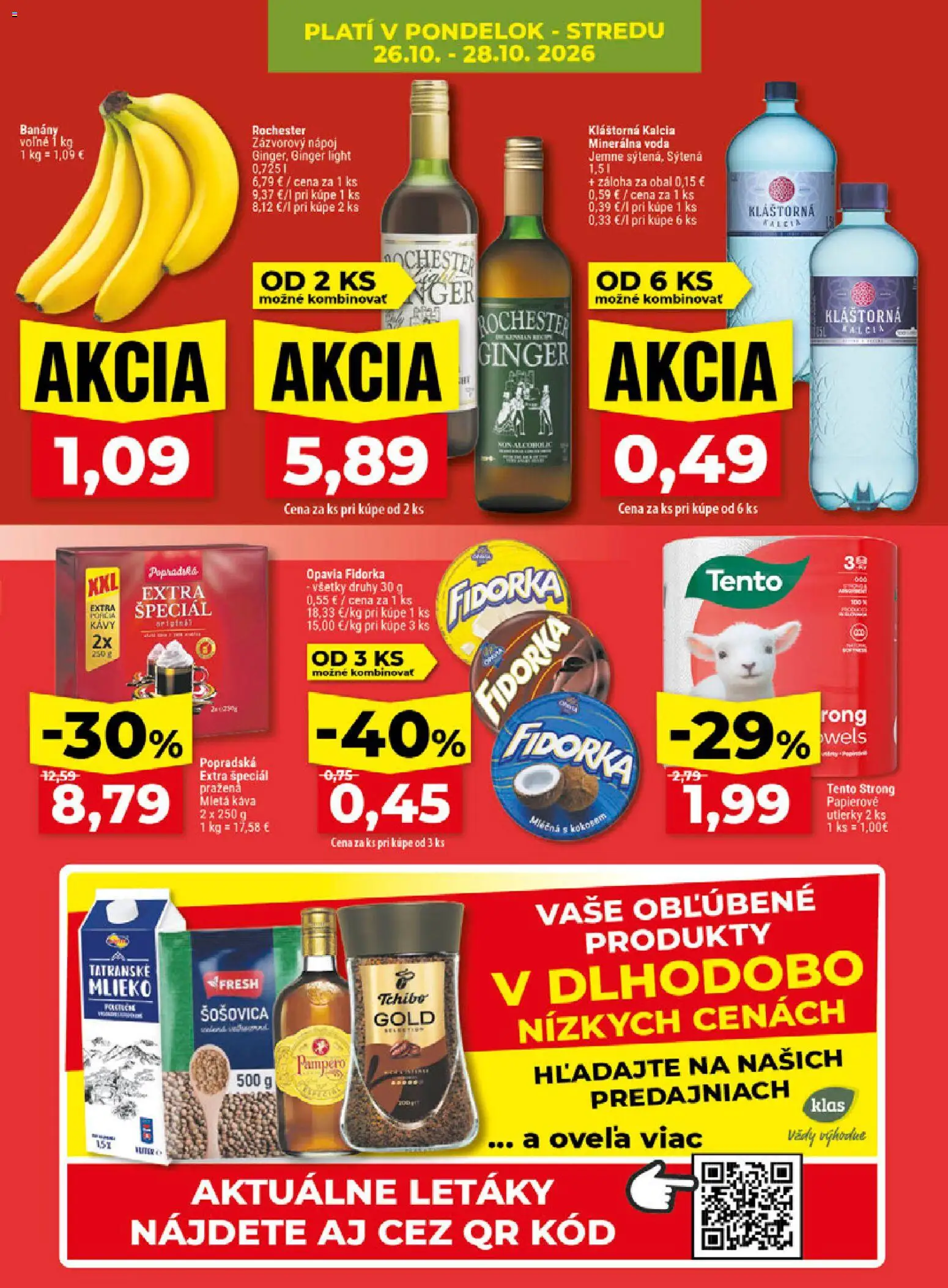 Náhľad Klas letáku platného od 26.10.2026 - Káva, Voda, Mlieko, Šošovica, Minerálna voda, Utierky, Banány, Mletá káva