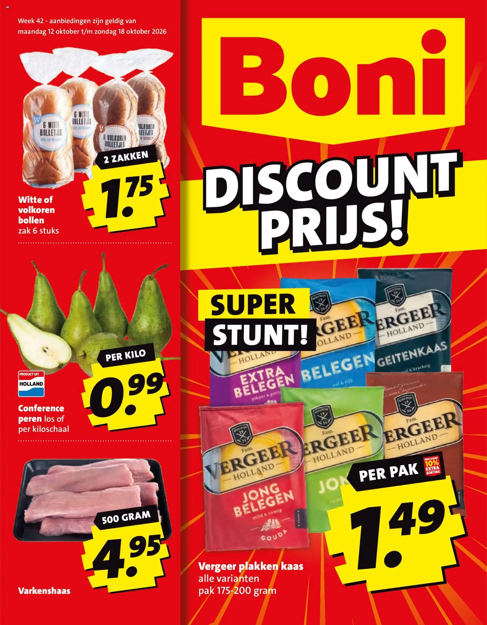 Voorbeeld van Boni folder van winkel Boni geldig vanaf 12-10-2026 - Gouda, Kaas, Varkenshaas, Bolletjes, Geitenkaas, Zak, Peren