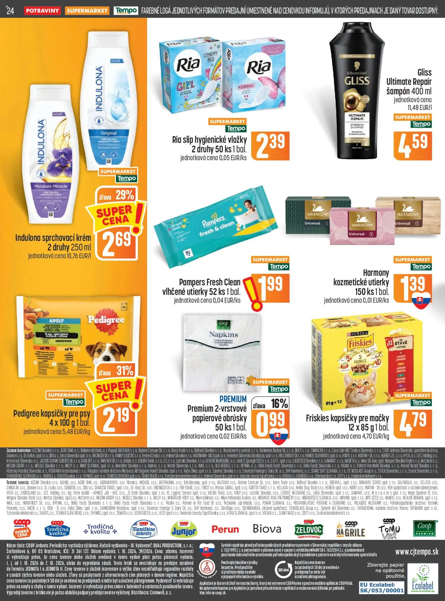 Náhľad COOP Jednota letáku platného od 01.10.2026 - Indulona, Pampers, Batérie, Kapsičky pre mačky, Budvar, Pór, Friskies, Sekt