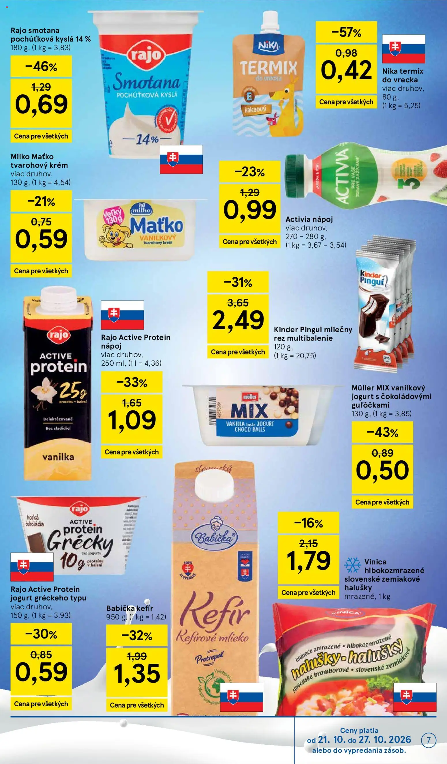 Náhľad Tesco letáku platného od 21.10.2026 - Kiwi, Protein, Kinder, Kefír, Smotana, Termix, Kefírové mlieko, Tvarohový krém