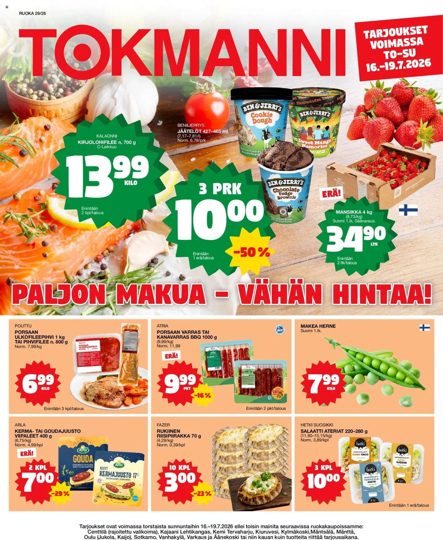 Kaupan Tokmanni Tokmanni ruokatarjoukset esikatselu, voimassa 16/07/2026 - Mango, Pasta, Kana, Salaatti, Tonnikala, Kerma, Kermajuusto