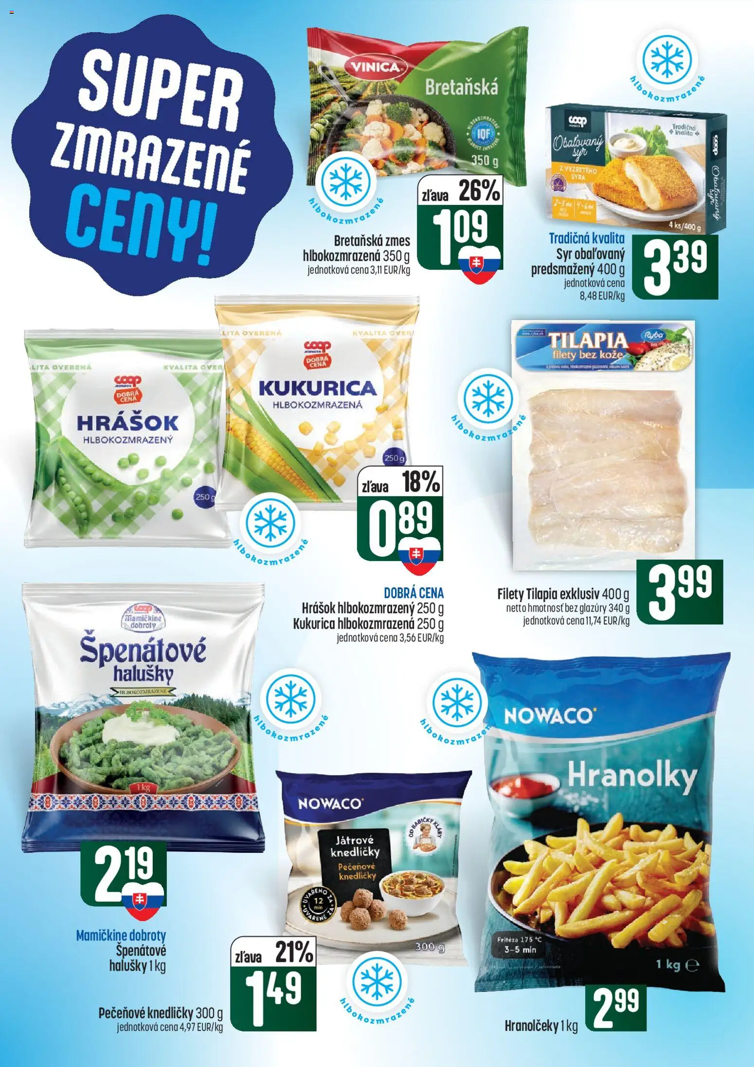 Náhľad COOP Jednota letáku platného od 01.10.2026 - Syr, Ryba, Kukurica, Hranolky, Fritéza, Hrášok, Pečeňové knedličky, Tilápia