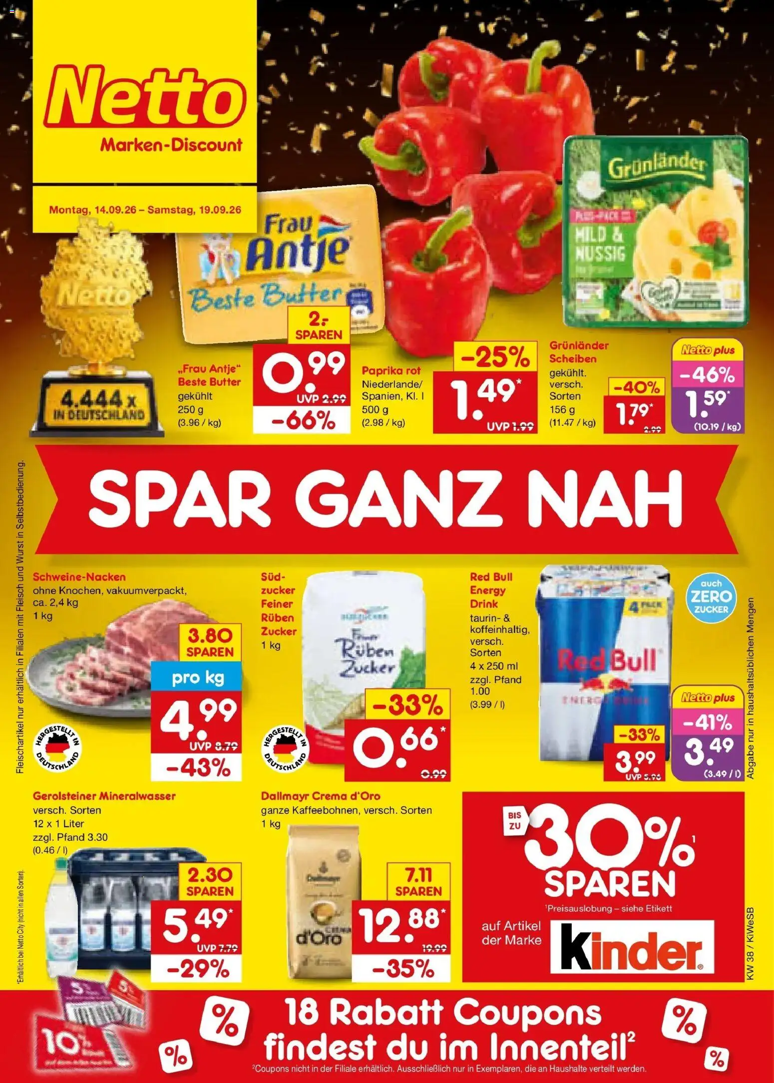 Vorschau von dem Prospekt des Geschäftes Netto Marken-Discount, gültig ab dem 14.09.2026 - Butter, Red bull, Mineralwasser, Fleisch, Dallmayr, Paprika, Paprika rot, Grunlander