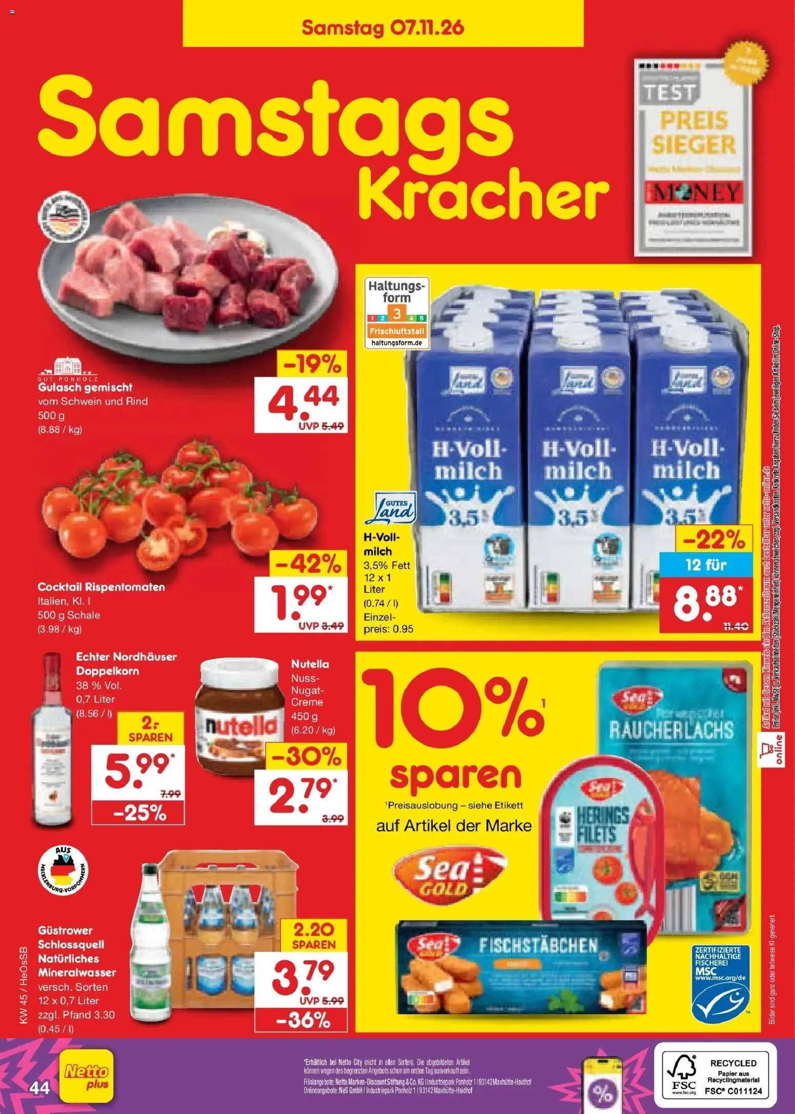 Vorschau von dem Prospekt des Geschäftes Netto Marken-Discount, gültig ab dem 02.11.2026 - Bilder, Nutella, Gulasch, Mineralwasser, Milch, Creme, Räucherlachs, Milch 3,5%
