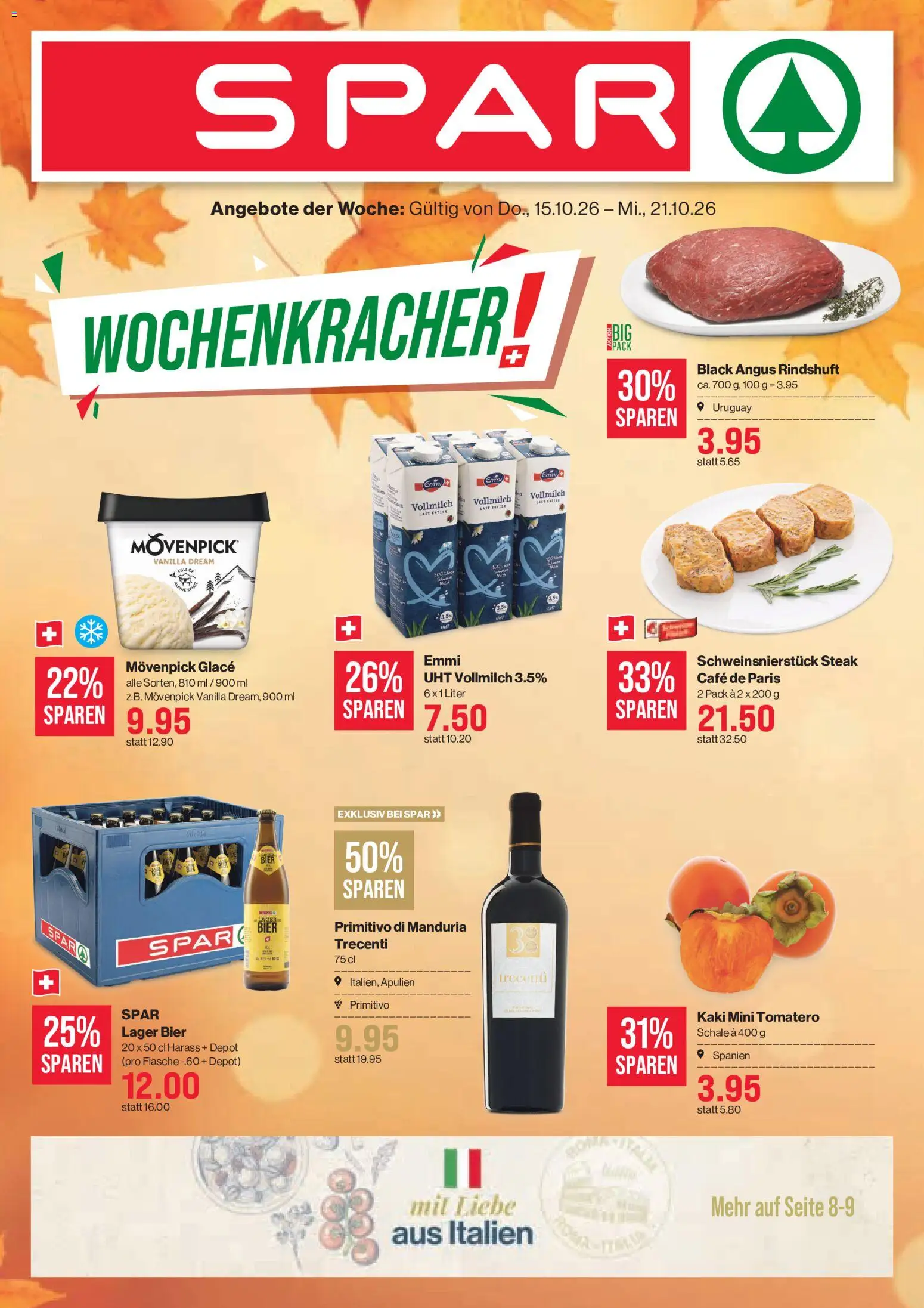 Vorschau des Merkblatts SPAR aktionen vom Shop SPAR gültig von 15.10.2026 bis 21.10.2026 - Glace, Bier, Kaki