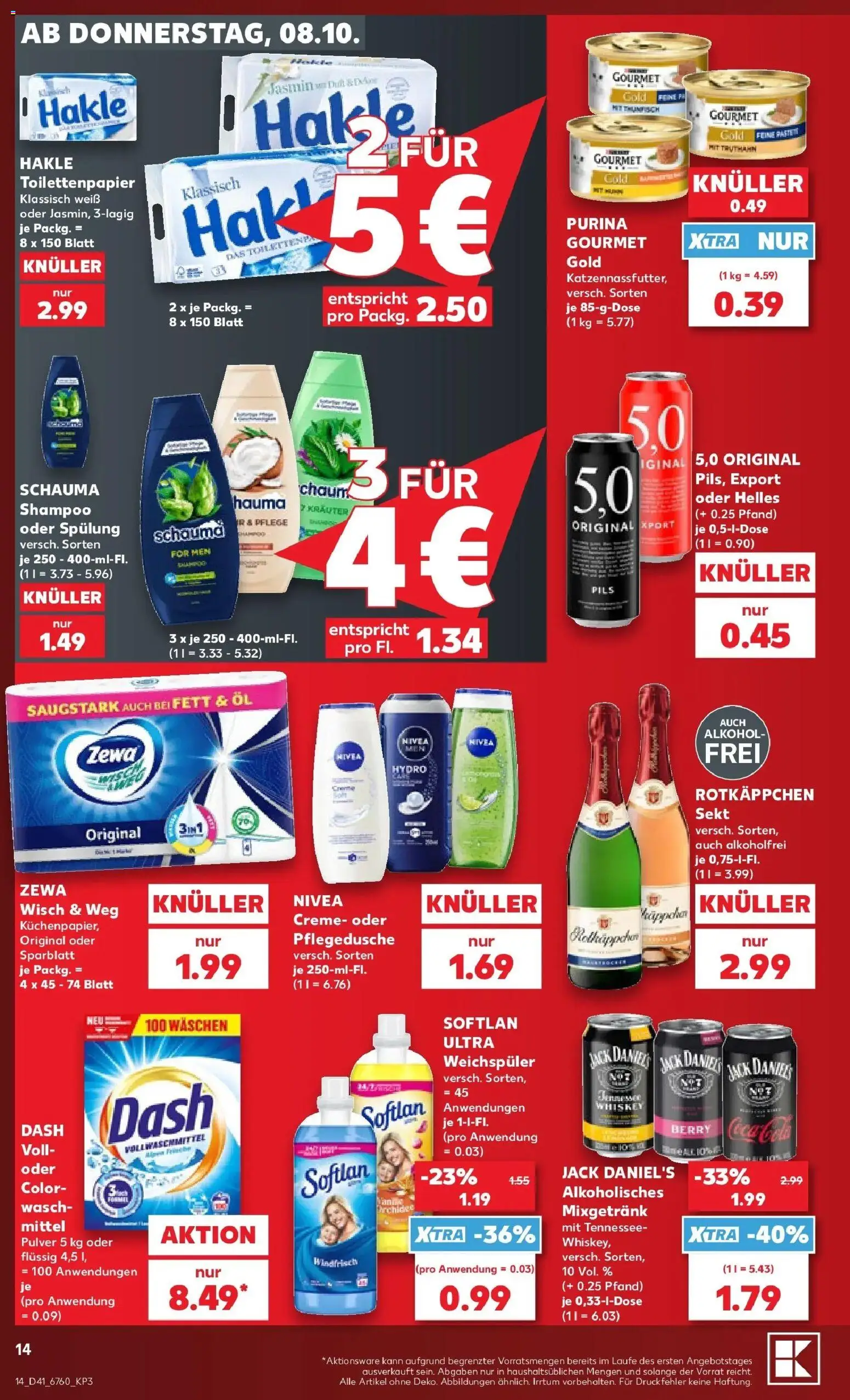 Vorschau von dem Prospekt des Geschäftes Kaufland, gültig ab dem 08.10.2026 - Alkohol, Toilettenpapier, Rotkäppchen, Whiskey, Sekt, Weichspüler, Spülung, Mixgetränk