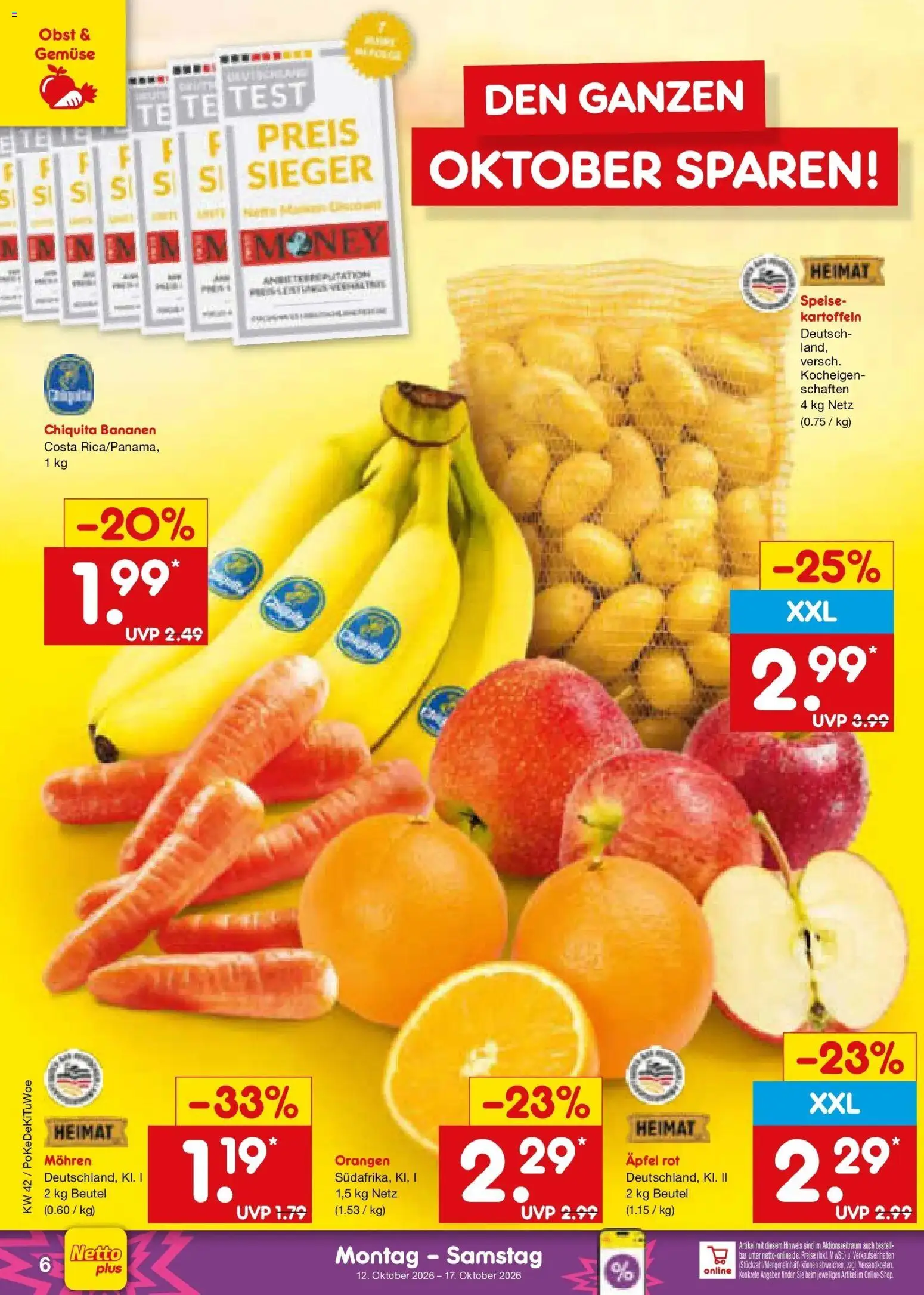 Vorschau von dem Prospekt des Geschäftes Netto Marken-Discount, gültig ab dem 12.10.2026 - Äpfel, Gemüse, Bananen, Obst, Kartoffeln, Orangen, Mohren